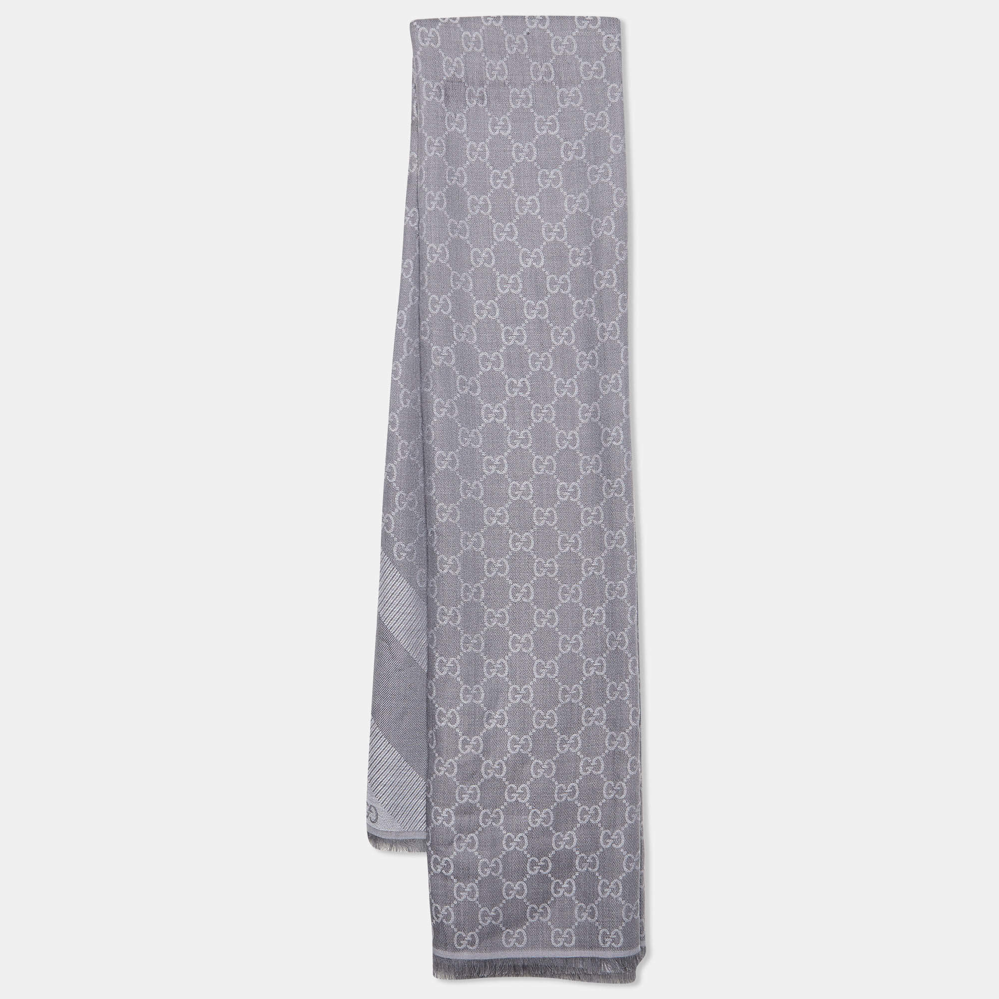 Gucci Grey Striped GG Jacquard Wool & Silk Shawl