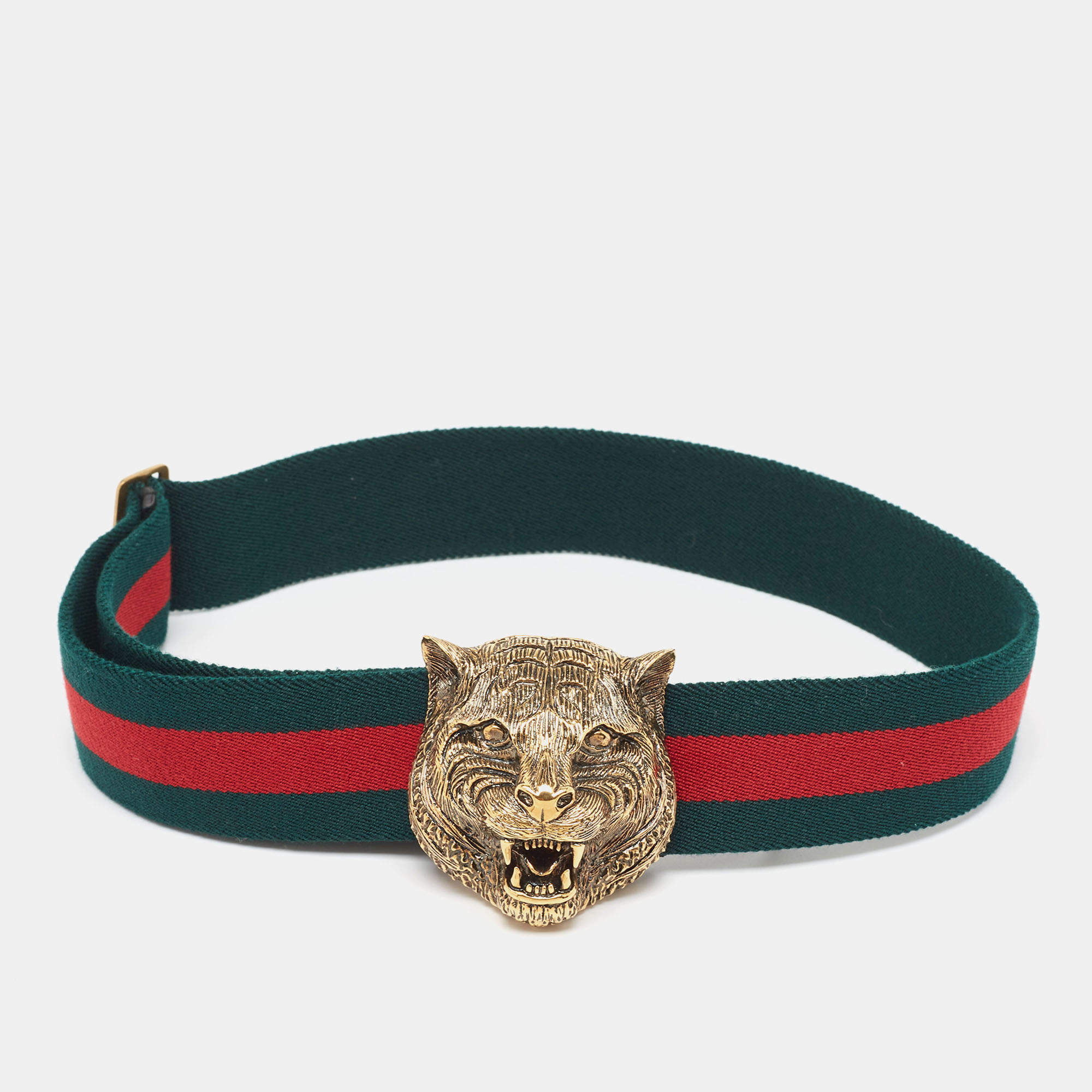 Gucci Green Red Web Canvas Feline Buckle Belt 75 CM Gucci TLC