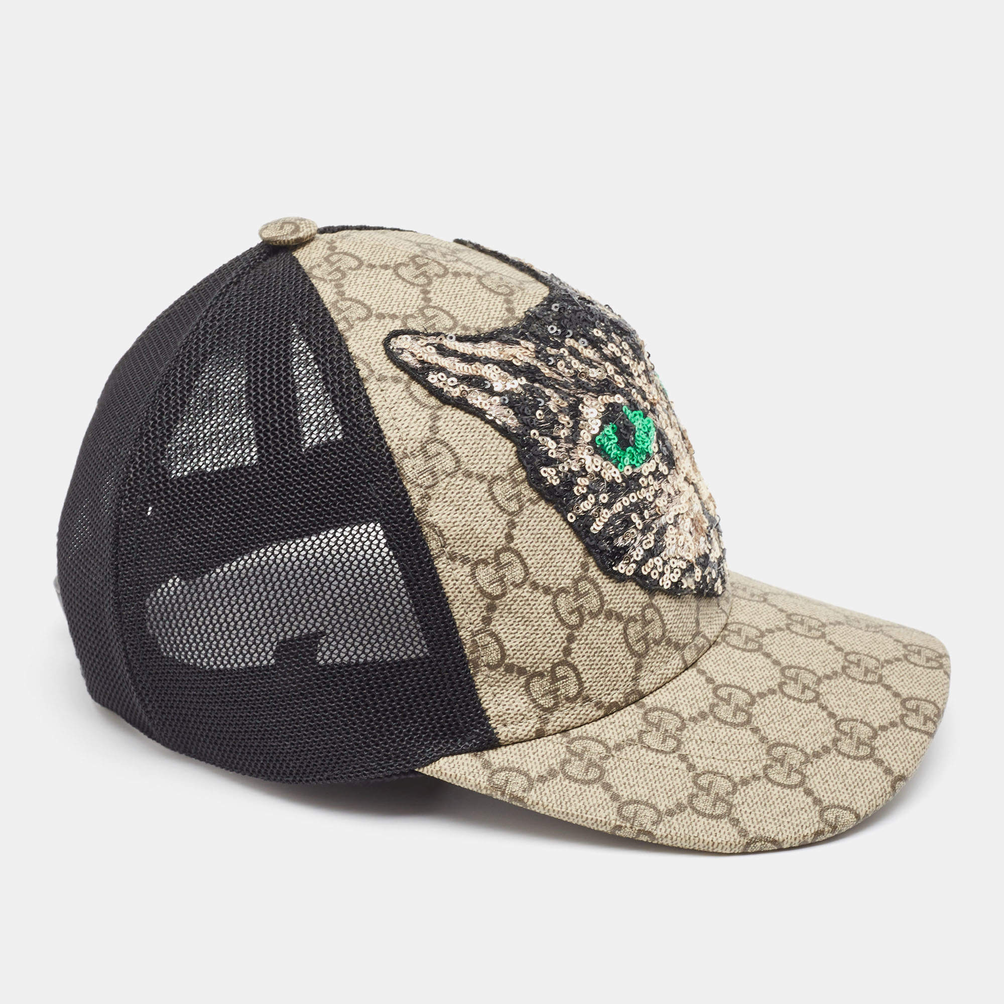 Pre Owned Gucci Beige GG Coated Canvas & Mesh Mystic Cat Applique Baseball Cap S