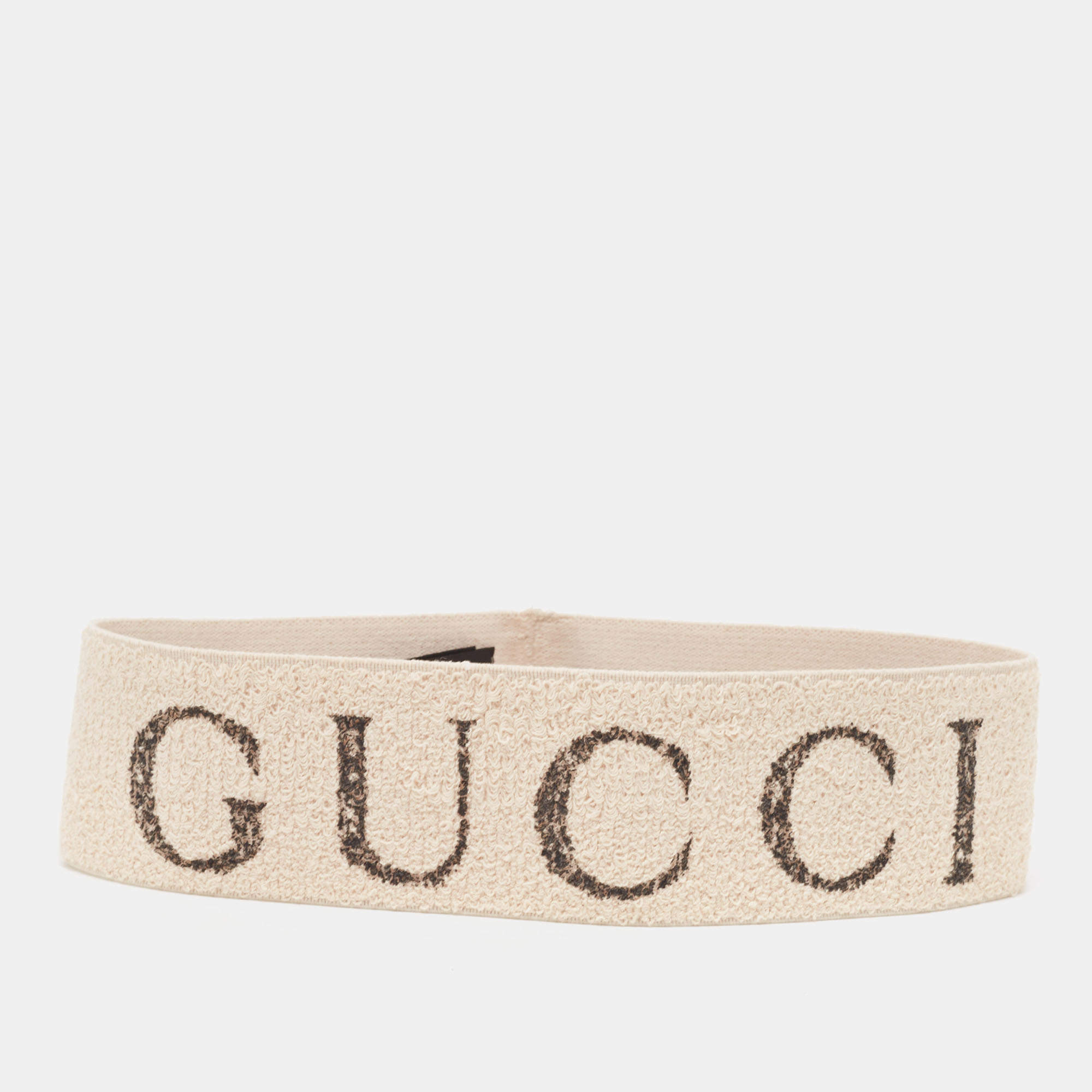 Pre Owned Gucci Beige Logo Patterned Stretch Knit Head Band 
