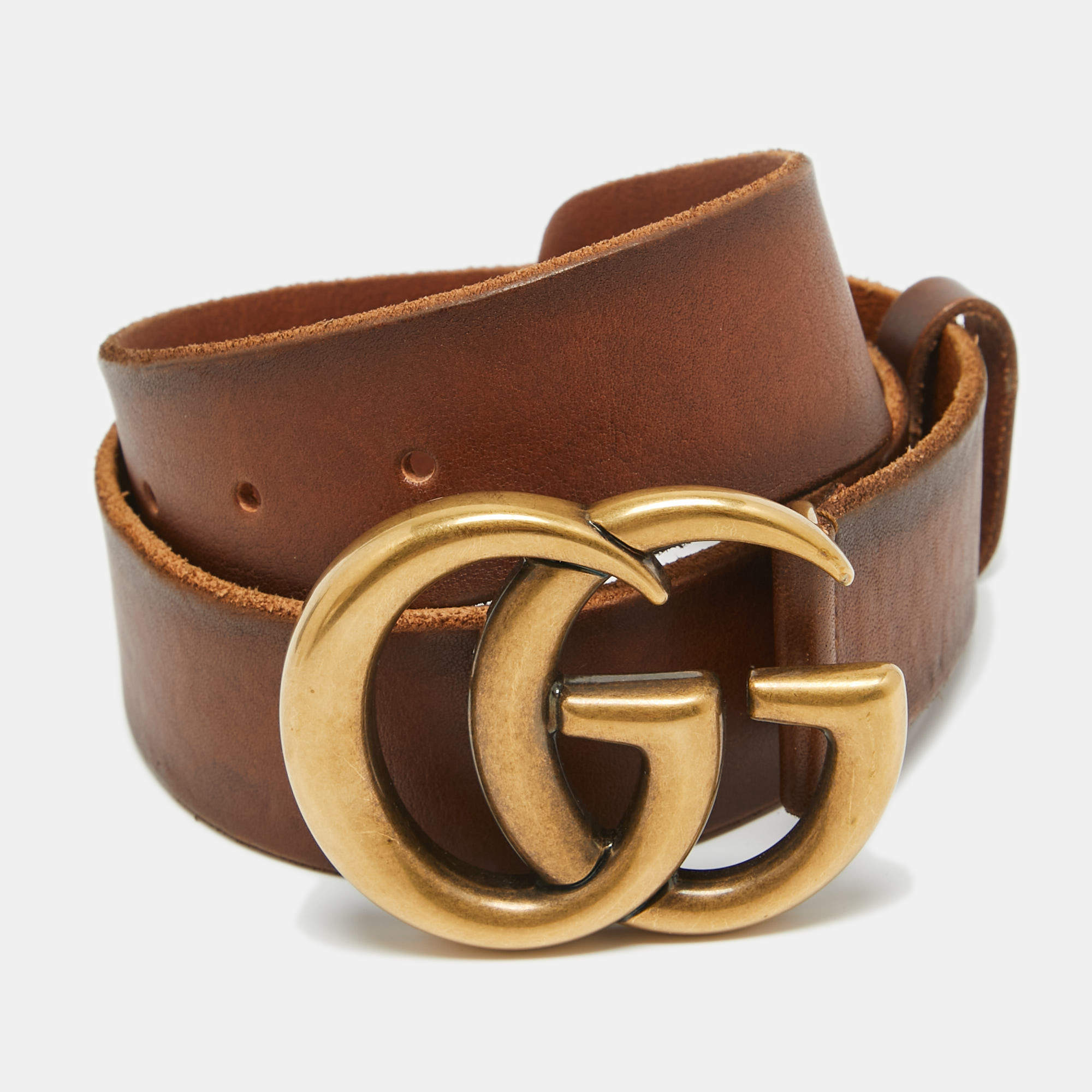 Gucci Brown Faded Leather Double G Buckle Belt 65 CM