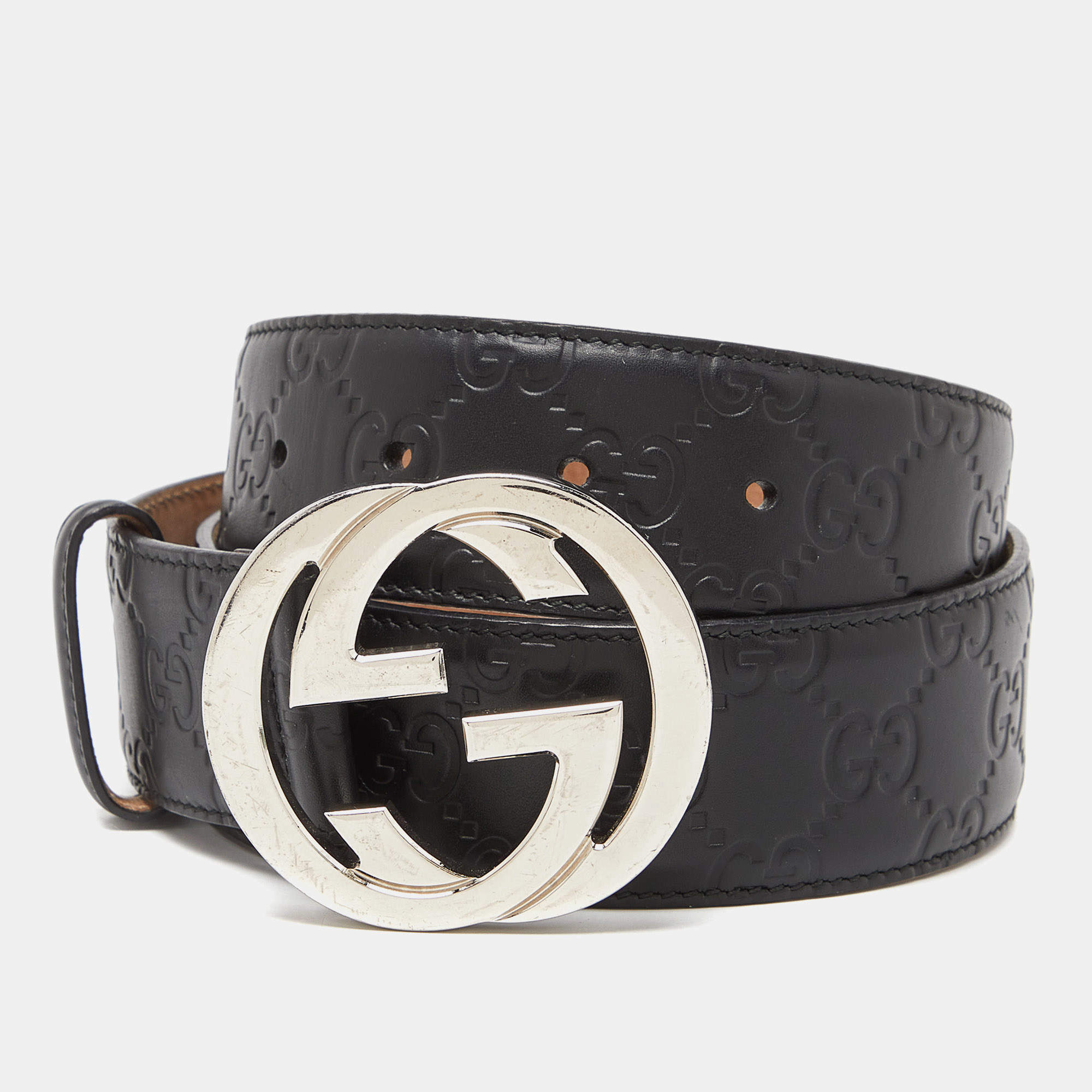 Gucci Black Guccissima Leather Interlocking GG Buckle Belt 80CM