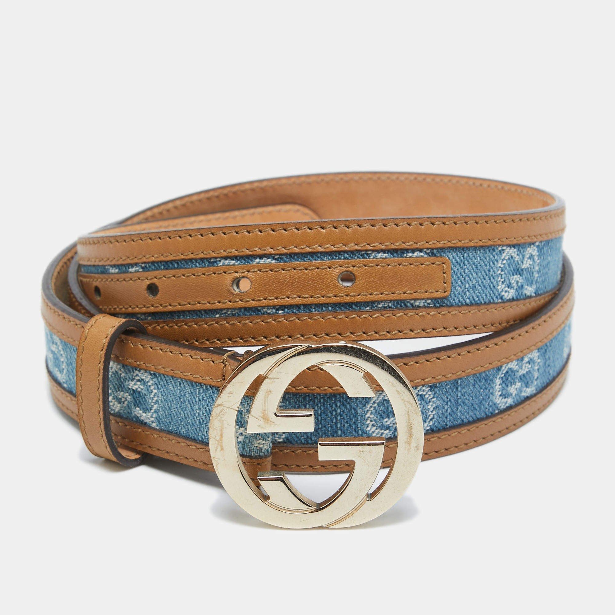 Pre Owned Gucci Blue GG Denim and Leather Trim Interlocking G Buckle Belt 90CM