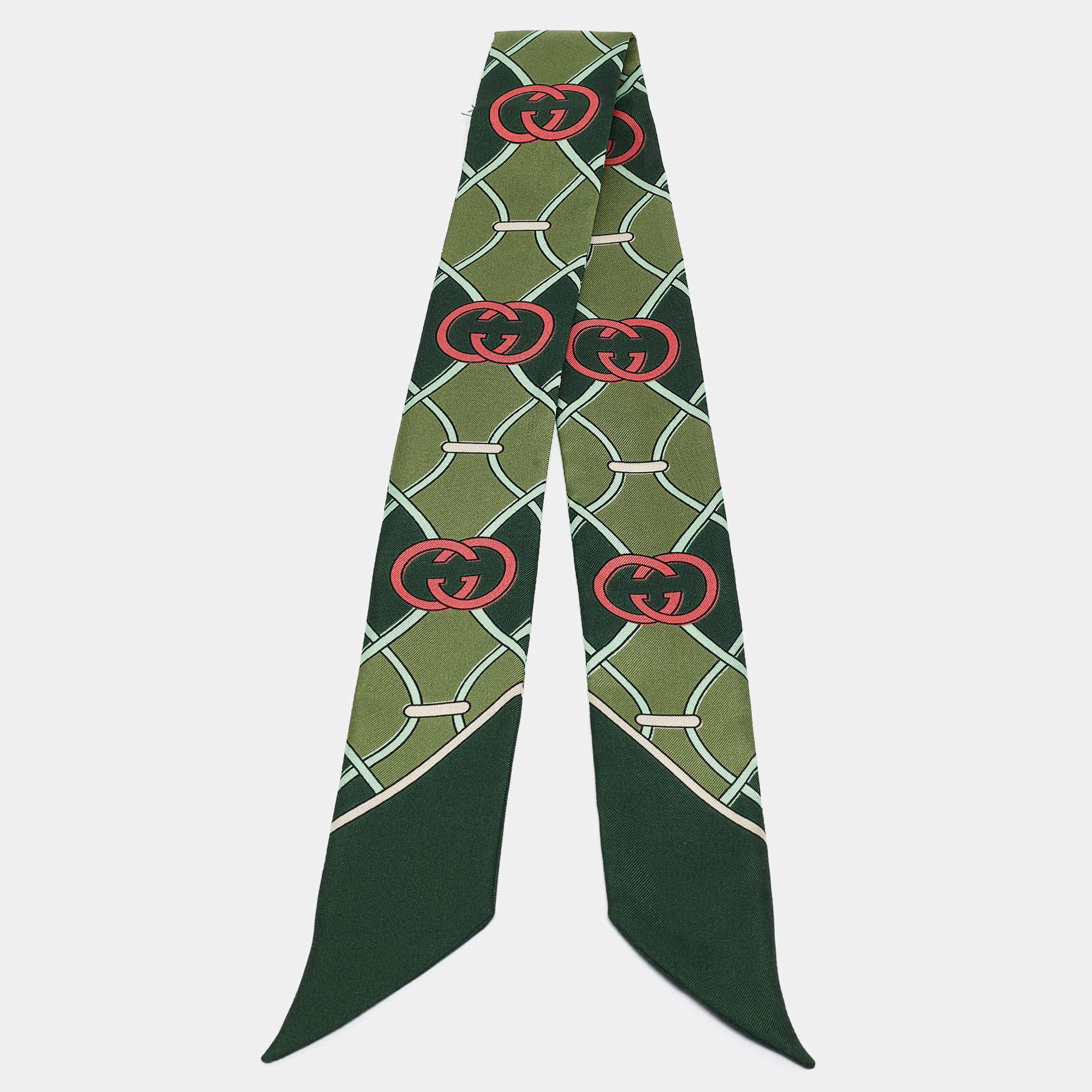 Pre Owned Gucci Green GG Print Silk Bandeau Scarf