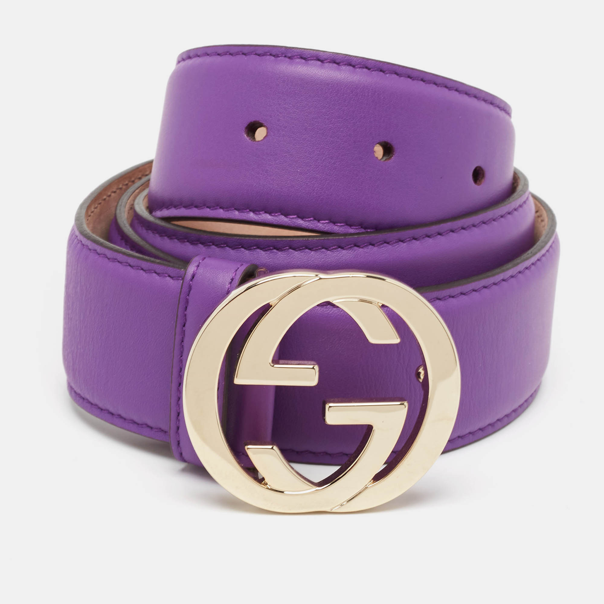 Pre Owned Gucci Purple Leather Interlocking G Buckle Belt 80CM