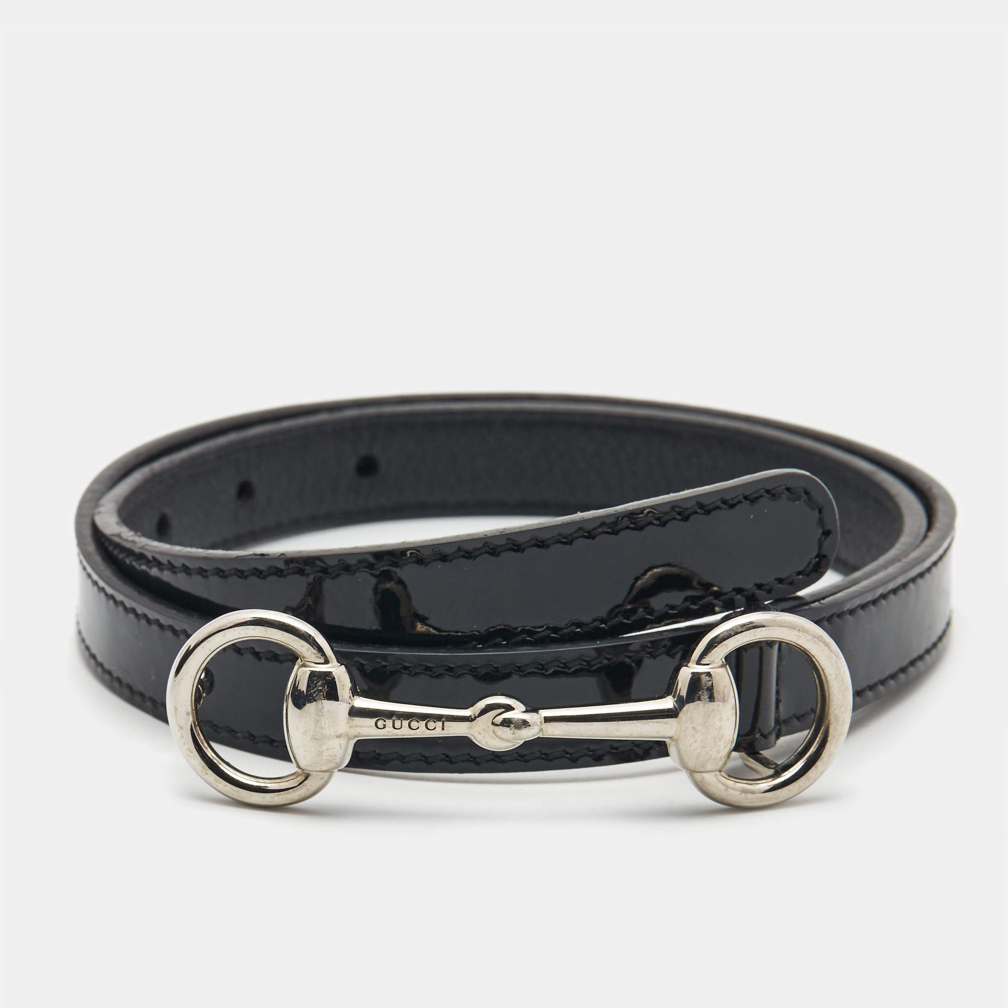 مملوكة مسبقًا Gucci Black Patent Leather Horsebit Slim Belt M