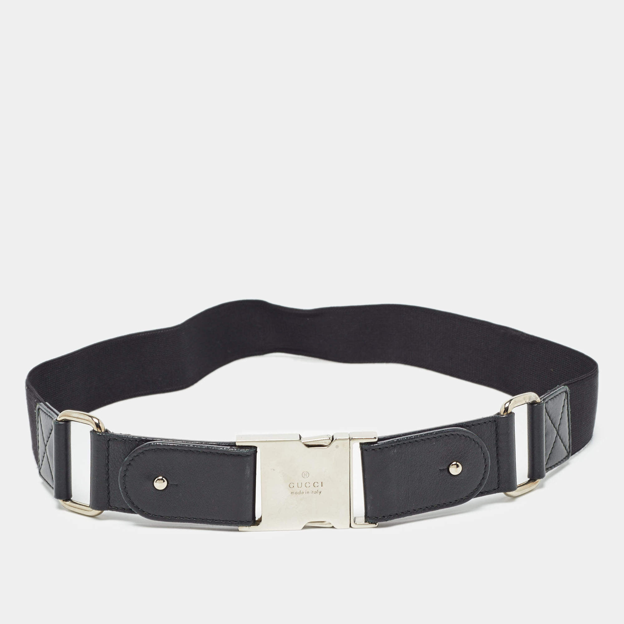 Pre Owned Gucci Black Elastic Band and Leather Logo Belt 80CM