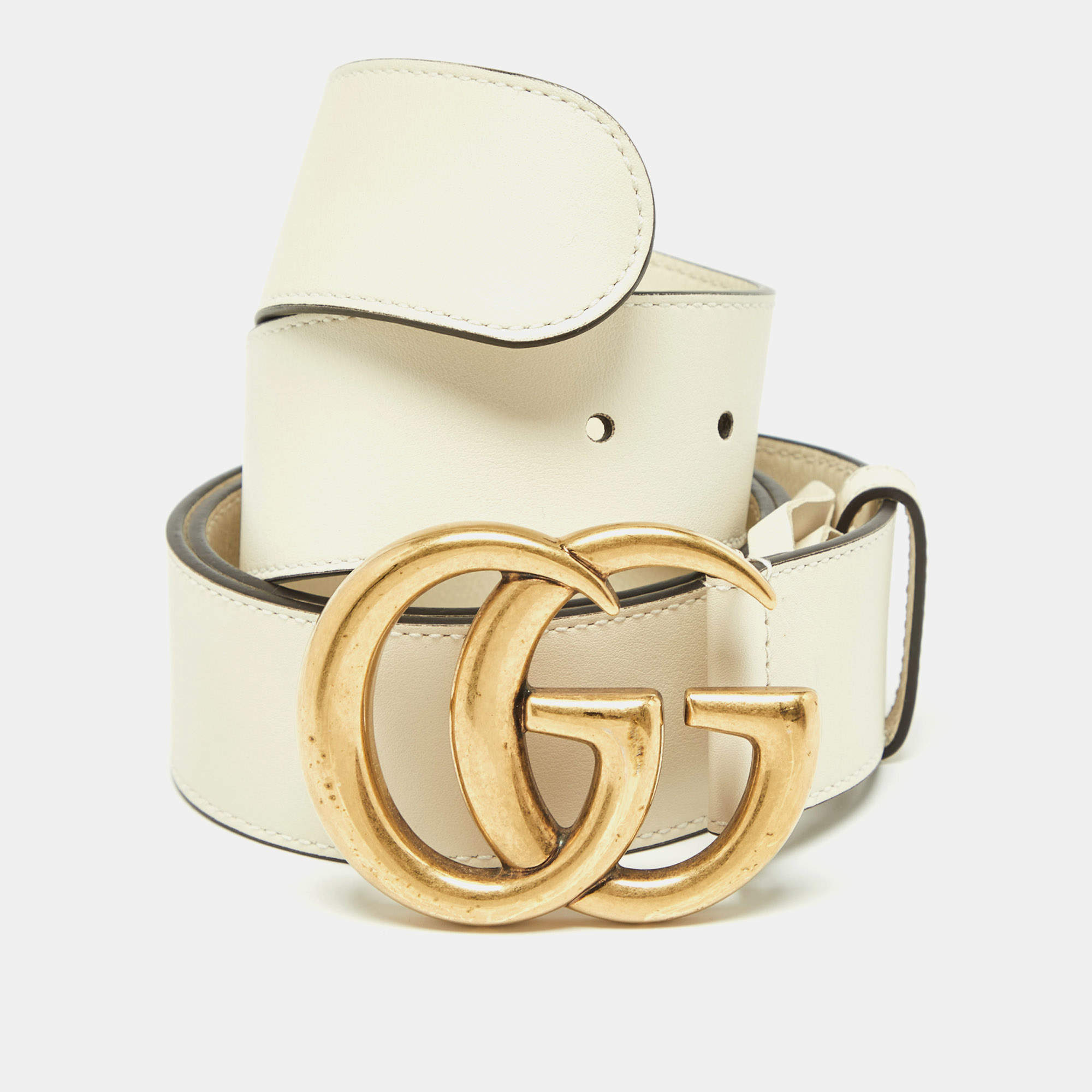 Pre Owned Gucci Off White Leather GG Marmont Buckle Belt 95CM