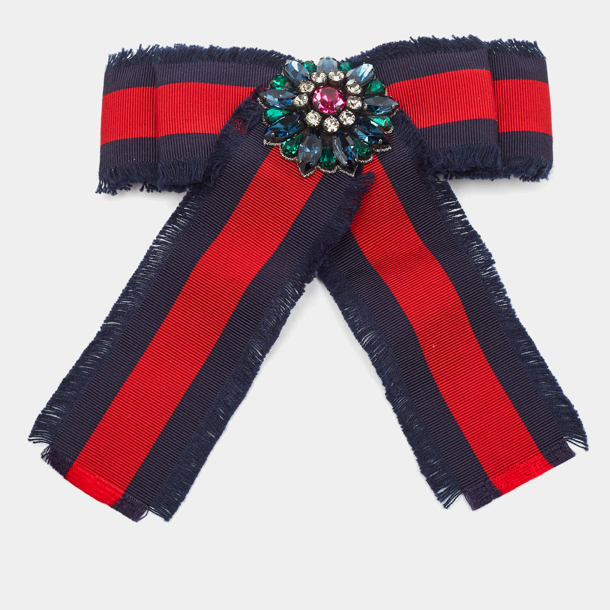 Gucci Blue & Red Grosgrain Web Crystal Bow Two Tone Metal Brooch