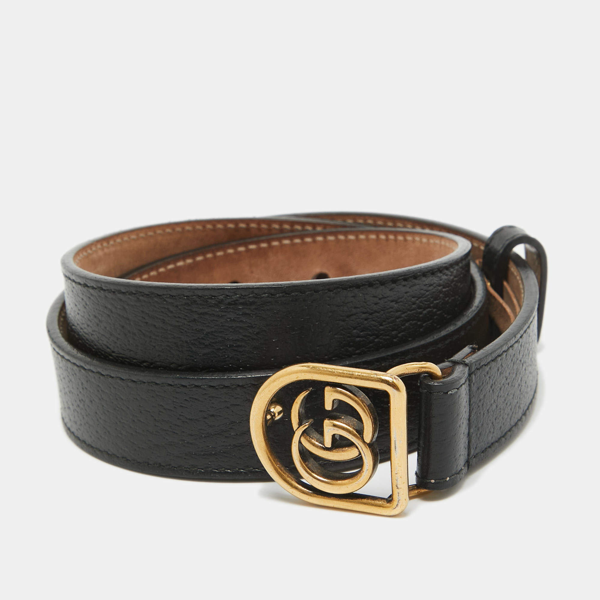 Pre Owned Gucci Black Leather Framed Double G Belt 90CM