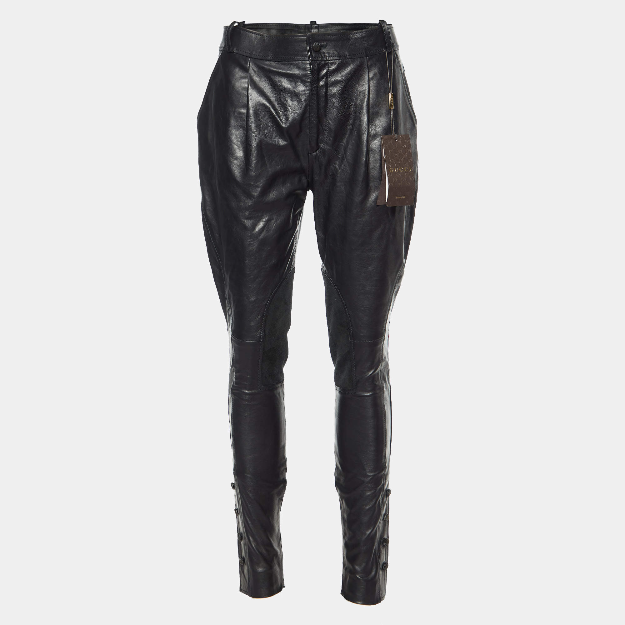 Pre Owned Gucci Black Leather Button Detail Pants S