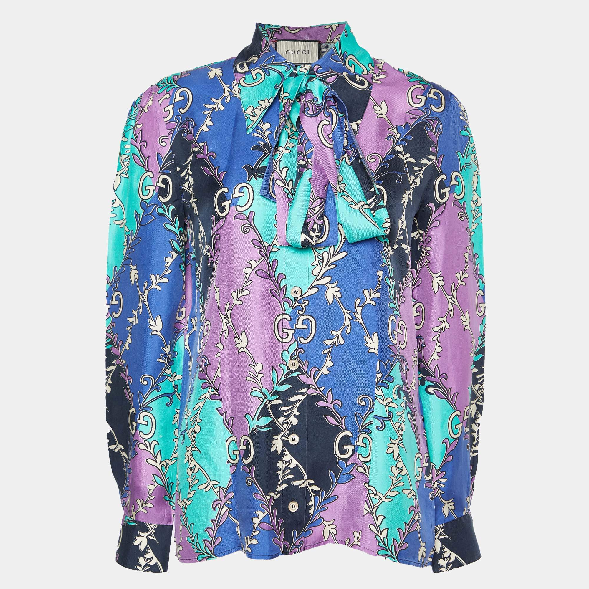 Pre Owned Gucci Multicolor GG Rhombus Printed Silk Buttoned Up Shirt S