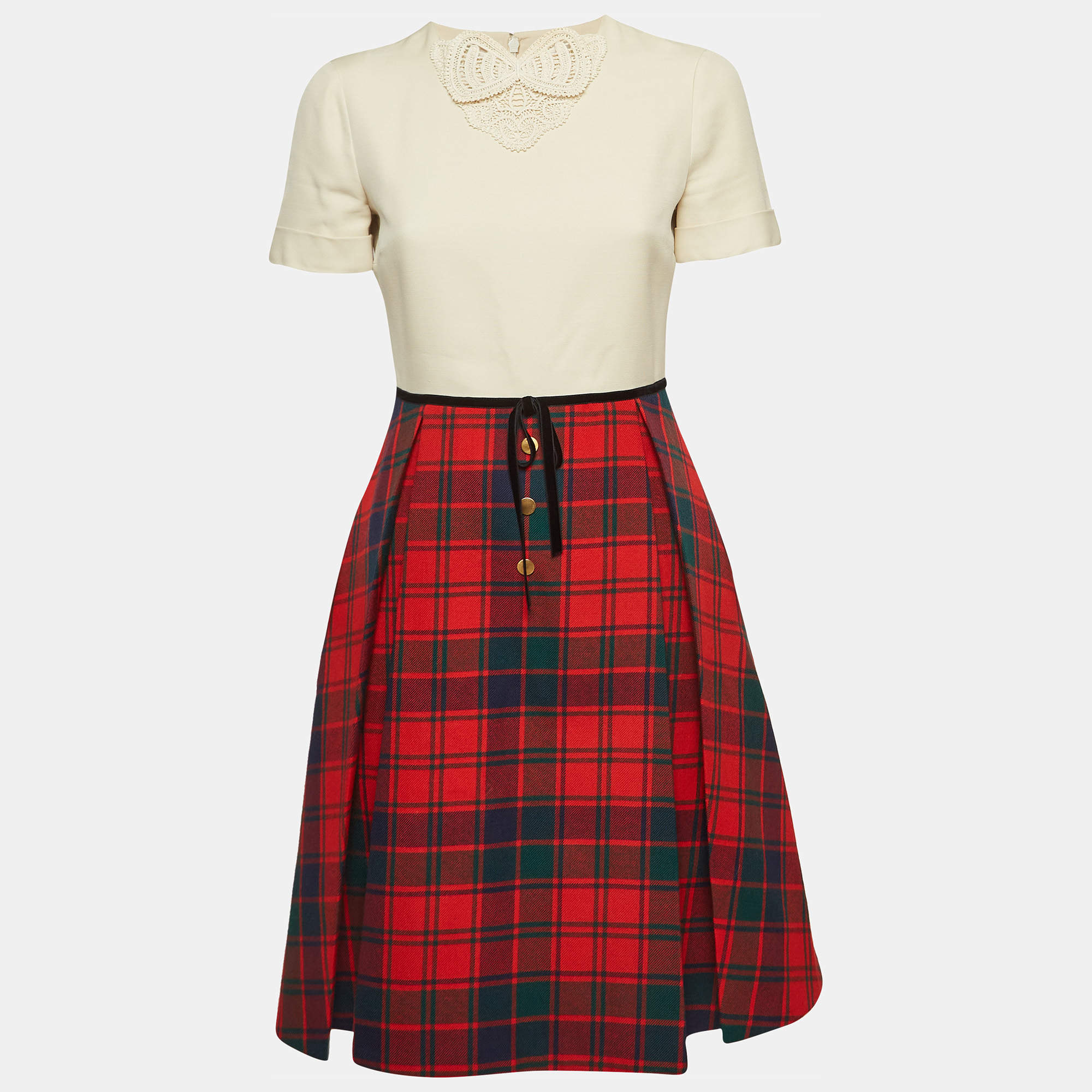 Gucci Beige/Multicolor Plaid Wool Short Dress S