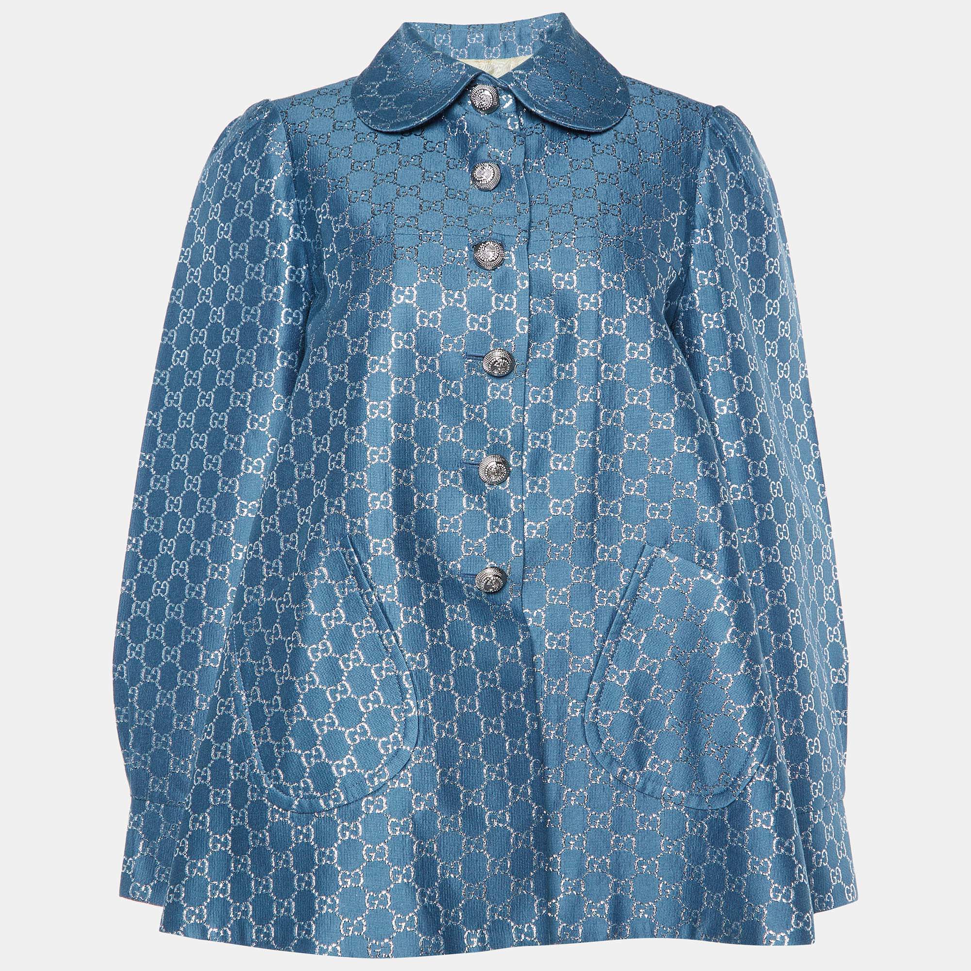 Gucci Blue GG Lurex Wool & Silk Flared Jacket M