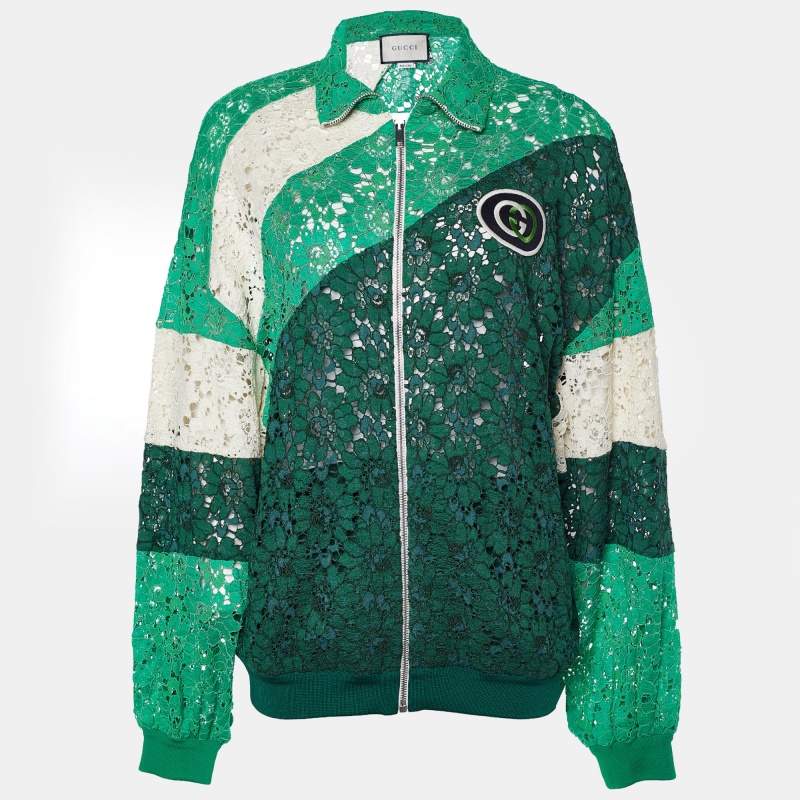 Gucci Green Logo Patch Lace Panelled Track Jacket XS