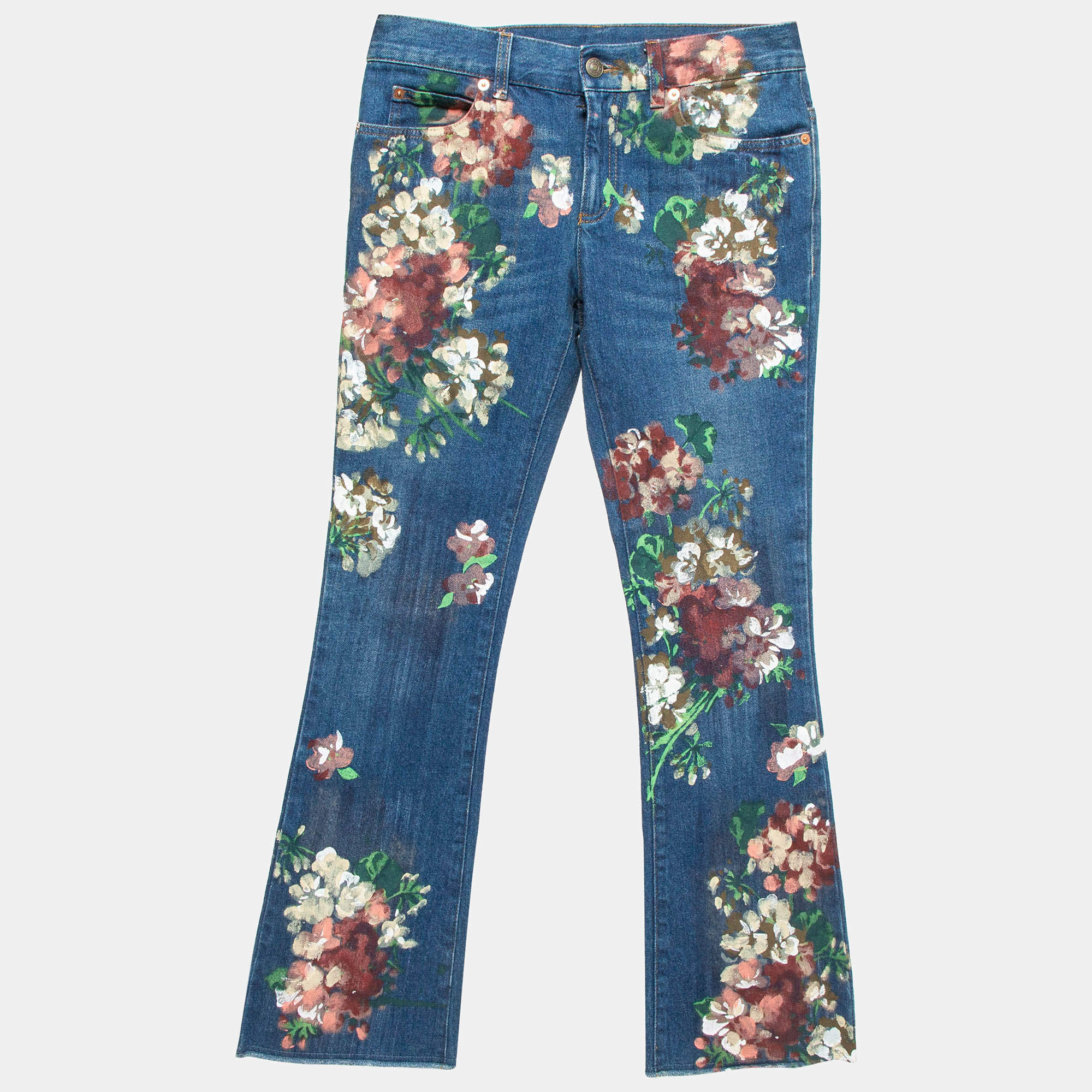 Pre Owned Gucci Blue Floral Hand Painted Denim Jeans XS Waist 23"