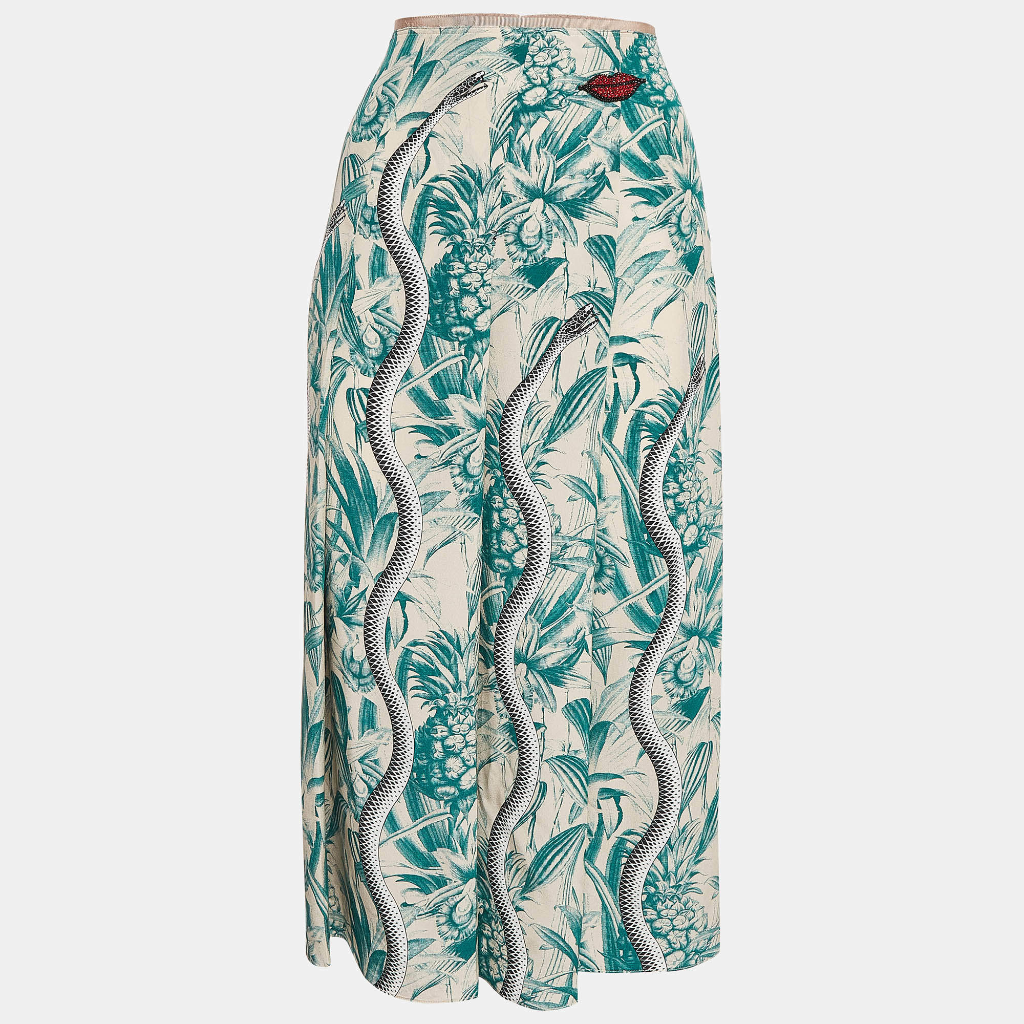 Pre Owned Gucci Green Snake Print Crepe De China Skirt L
