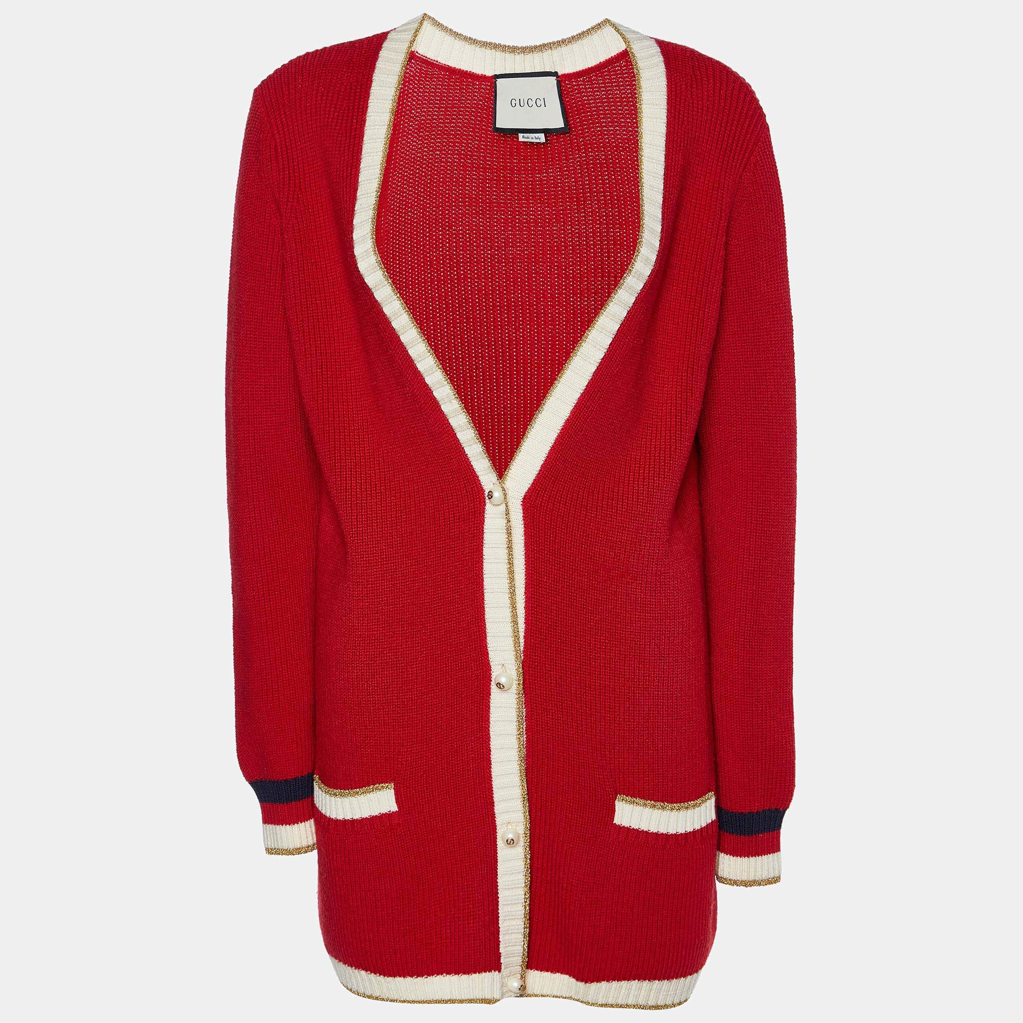 Pre Owned Gucci Red Wool Knit Buttoned Front Cardigan M