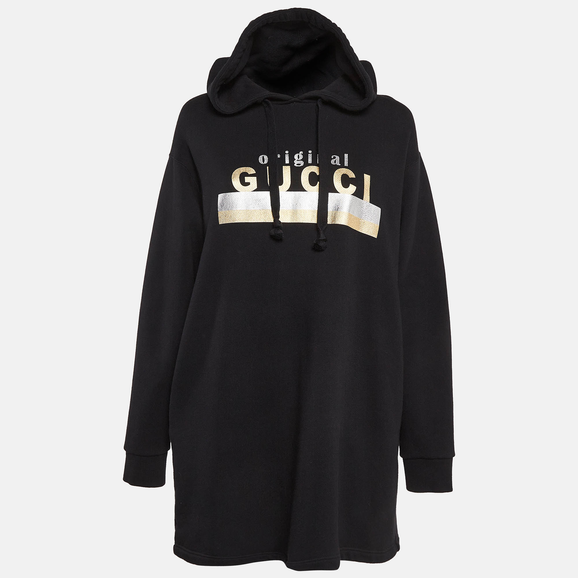 Gucci Black Logo Print Cotton Knit Hooded Dress S