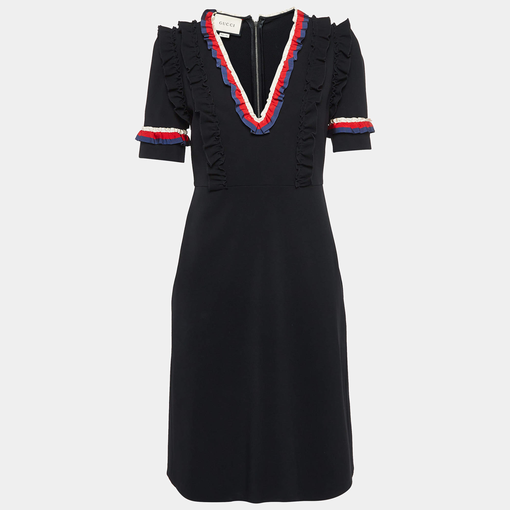 Gucci Black Jersey Ruffled Detail Sheath Dress L