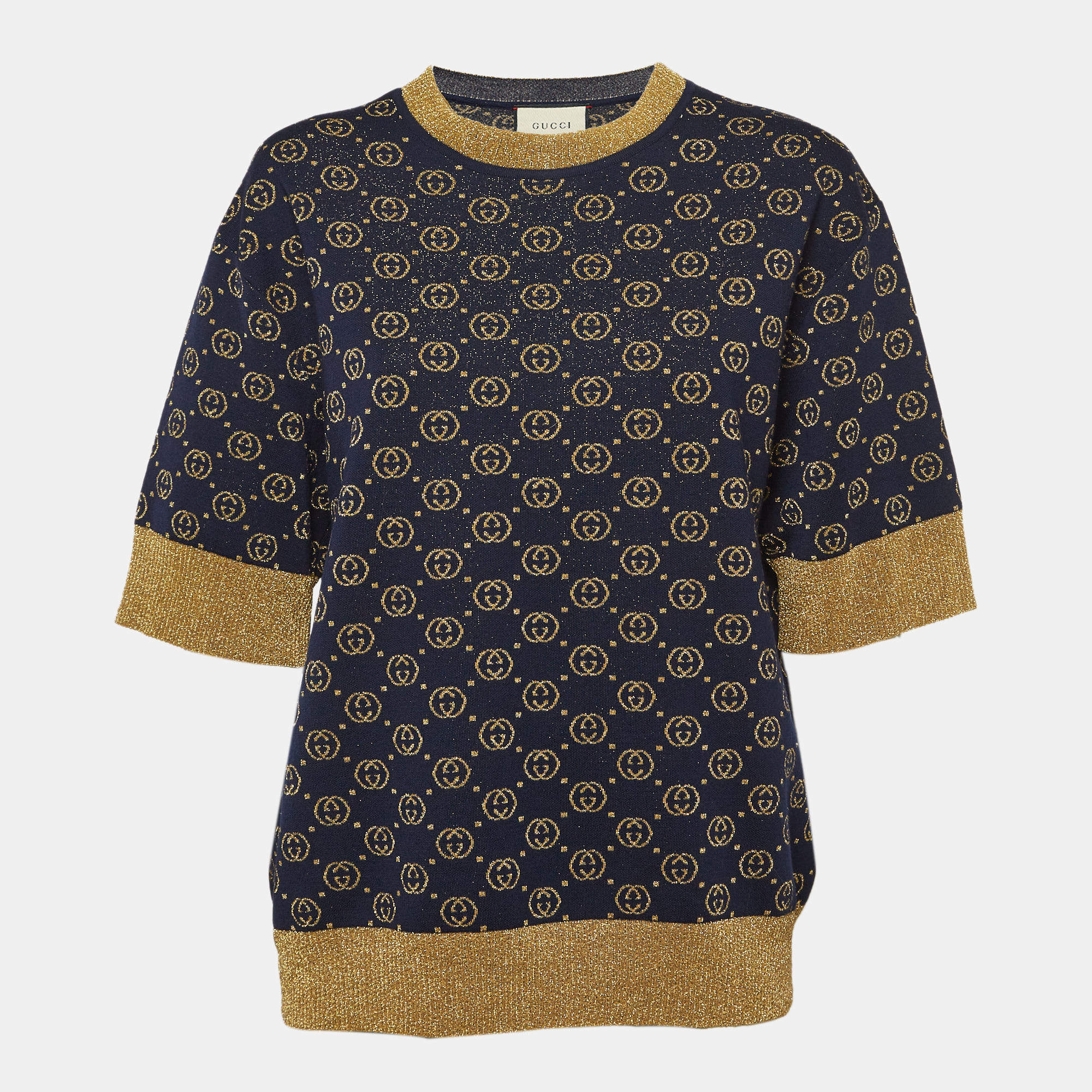 Pre Owned Gucci Navy Blue GG Lame Knit Top S