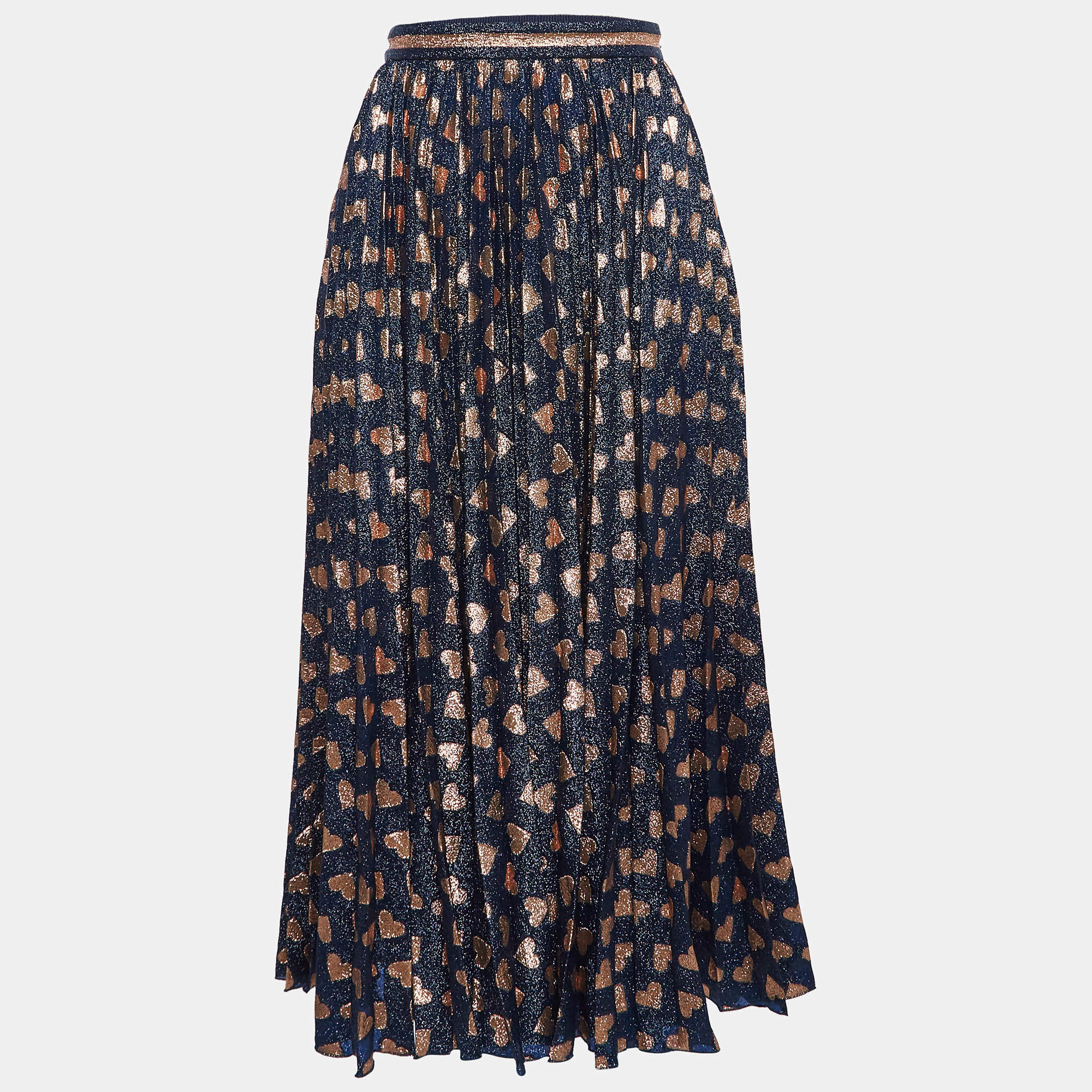 Pre Owned Gucci Navy Blue Heart Pattern Lamé Plisse Midi Skirt S