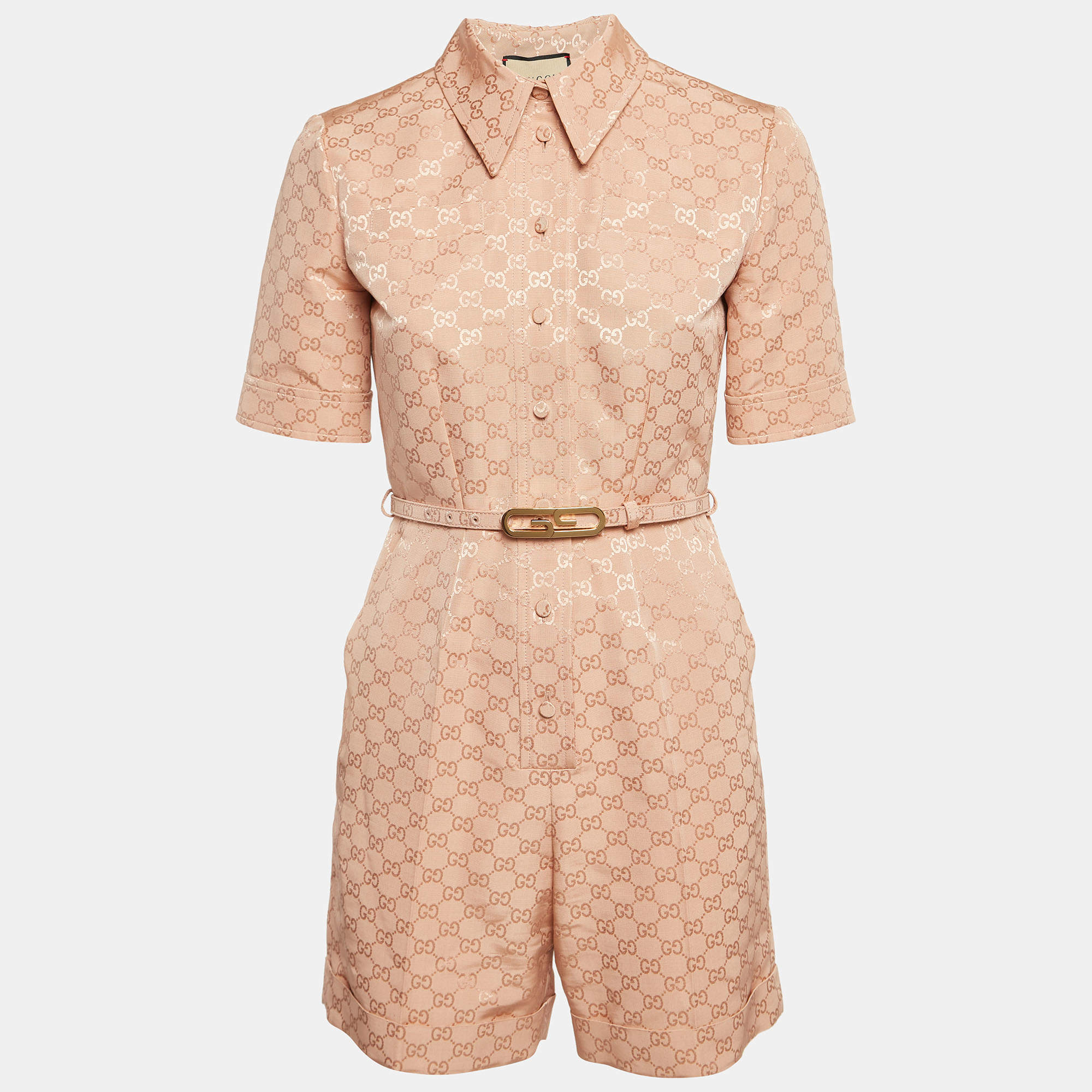 Pre Owned Gucci Pink GG Supreme Cotton Blend Belted Playsuit S