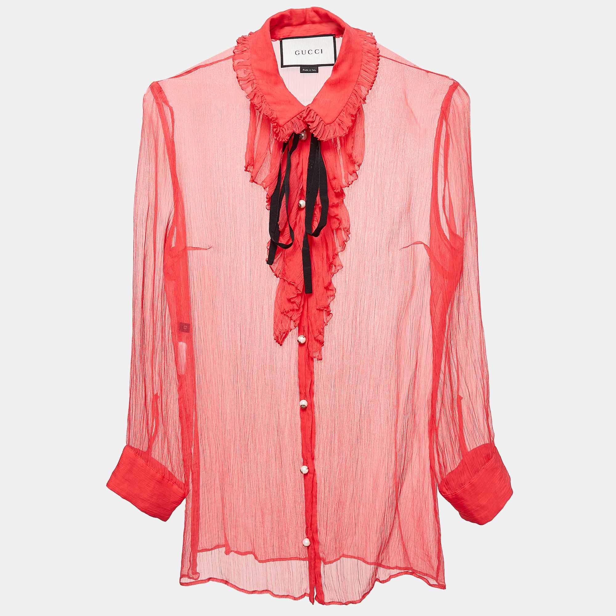 Pre Owned Gucci Pink Chiffon Ruffled Sheer Shirt M