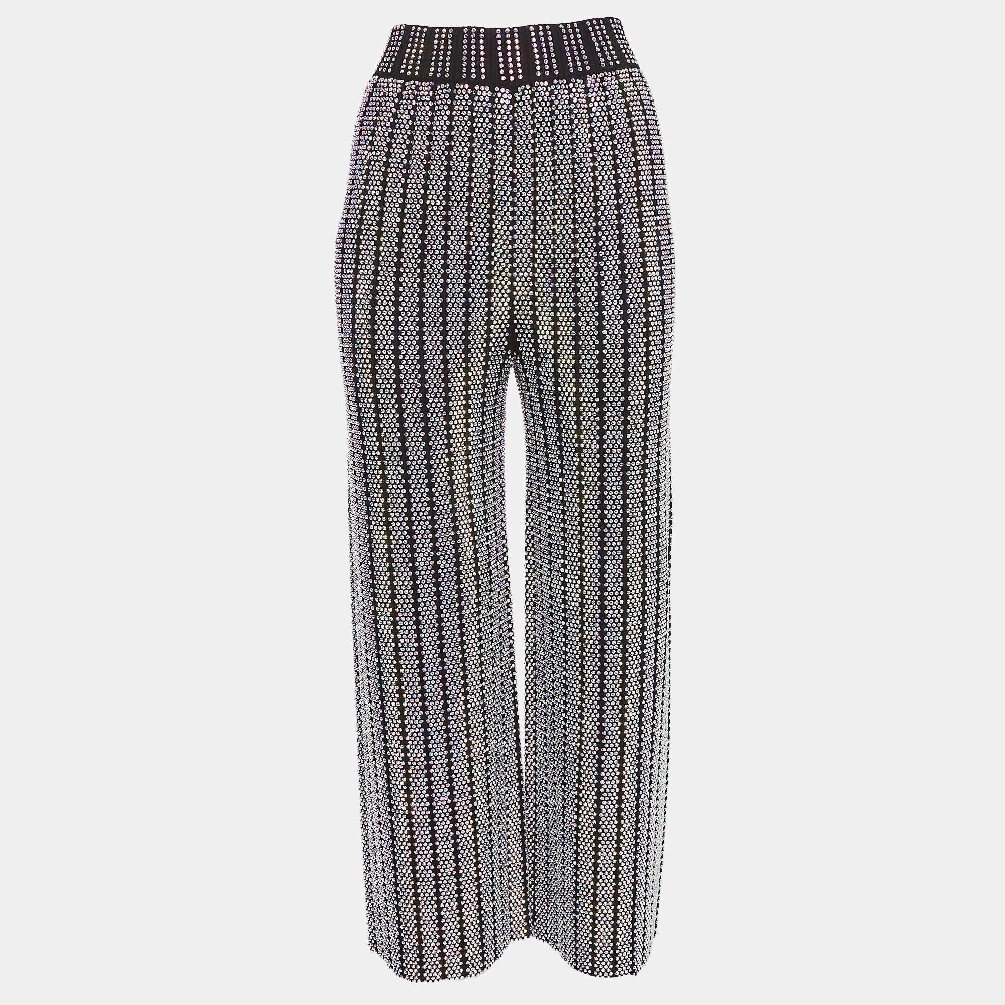 Pre Owned Gucci Black Stretch Knit Rhinestones Detail Pants S