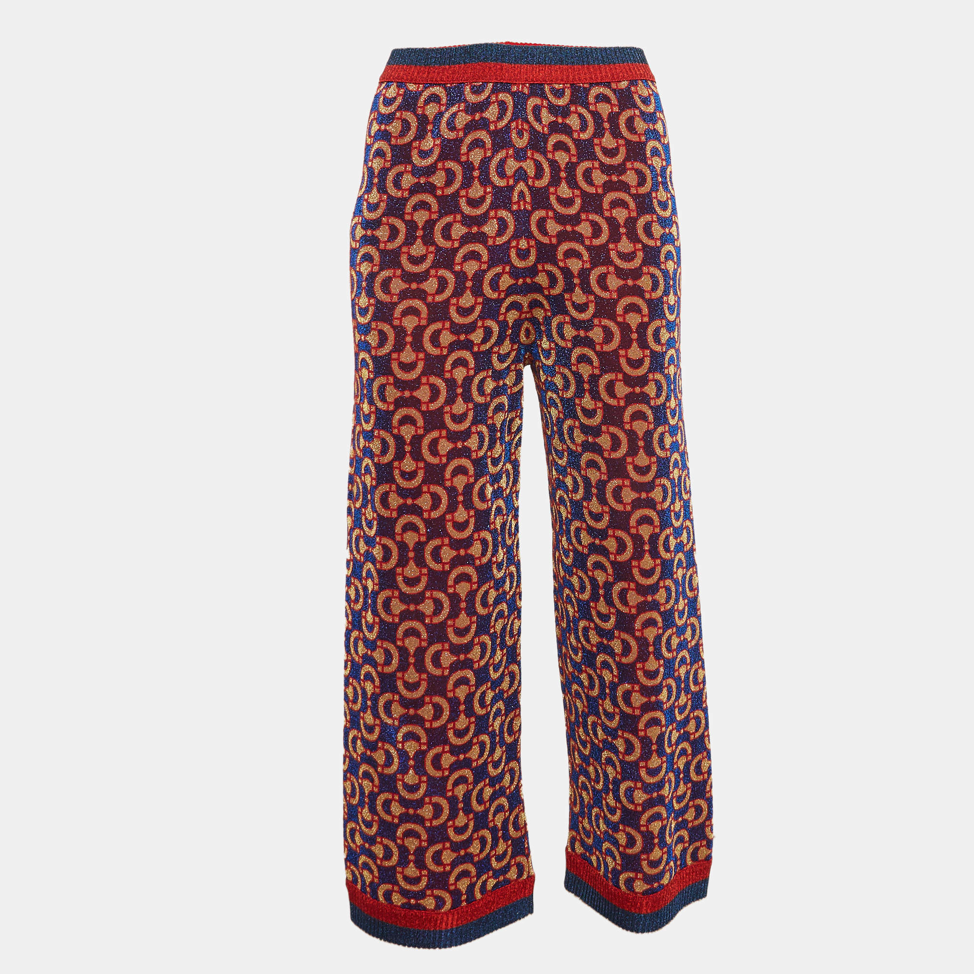 Pre Owned Gucci Blue/ Red Horsebit Pattern Lame Knit Crop Trousers M