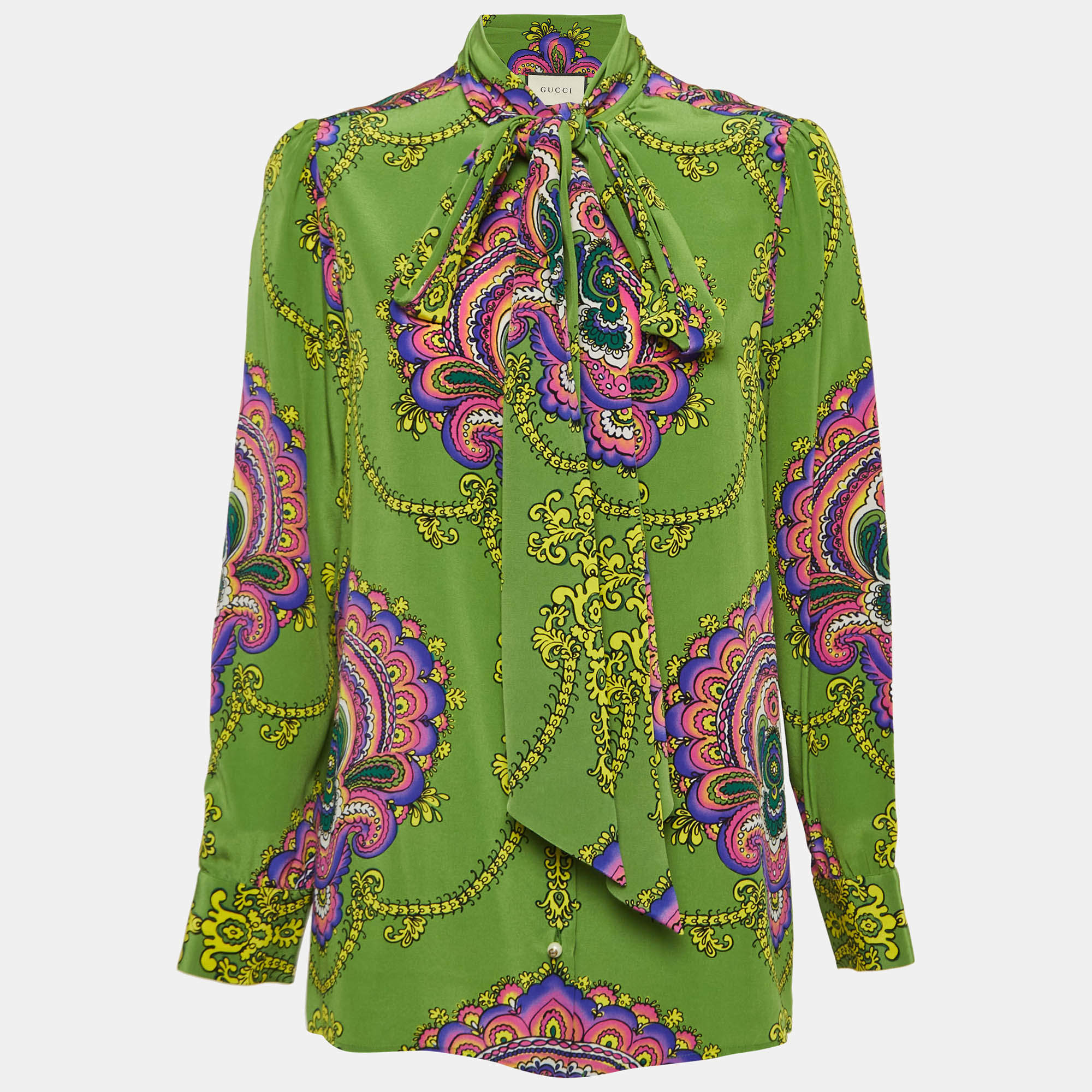 Gucci Green Printed Silk Tie-Neck Blouse M