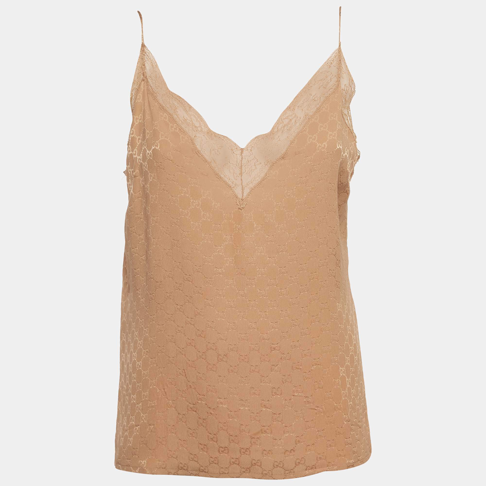 مملوكة مسبقًا Gucci Beige GG Lace Trim Silk Camisole Top L