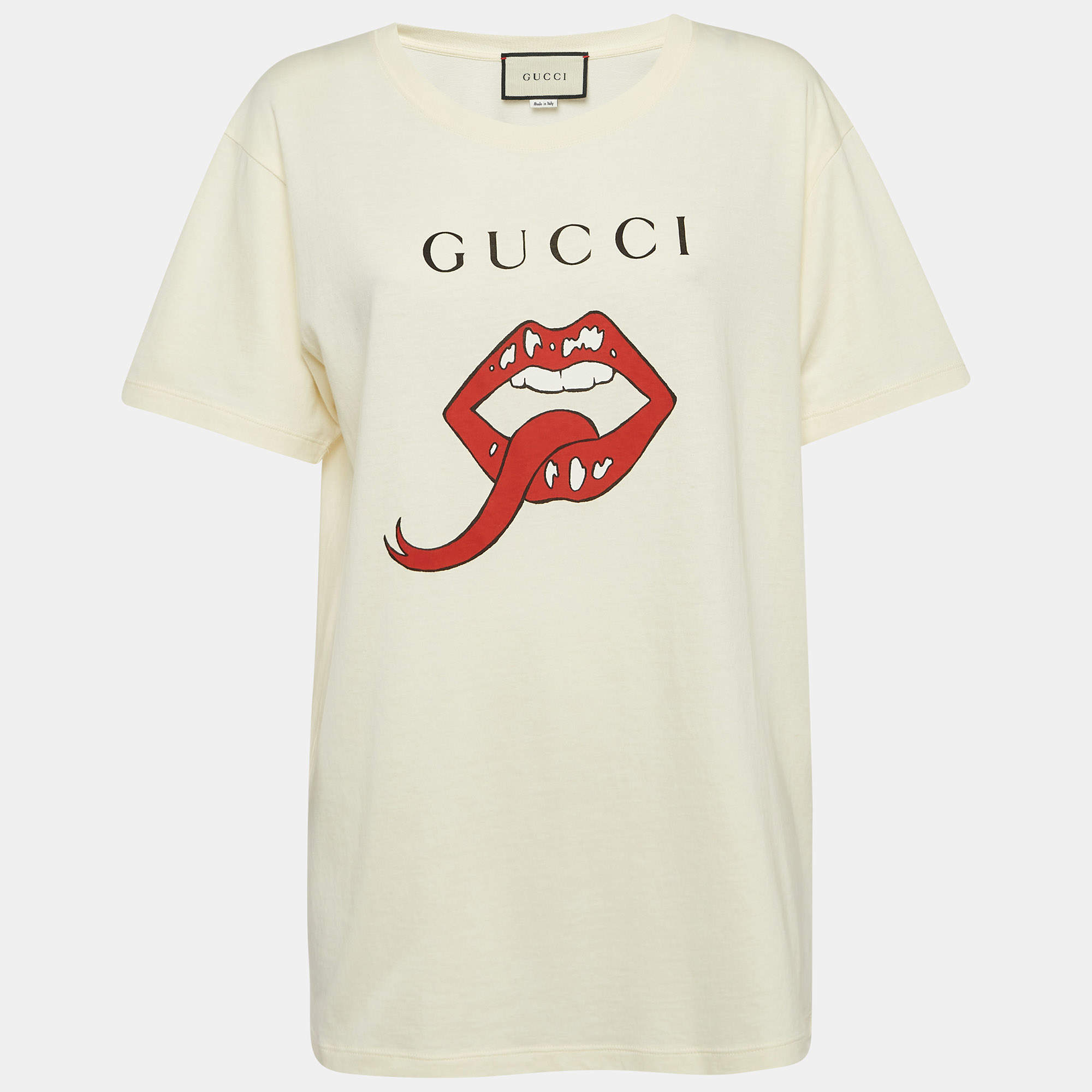 مملوكة مسبقًا Gucci Cream Mouth Print Cotton Knit Crew Neck T-Shirt S