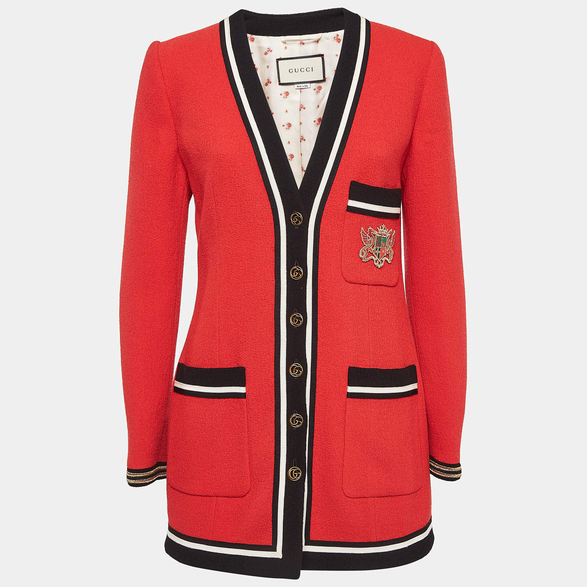 Gucci Red Embellished Pocket Wool Sable Military Jacket M