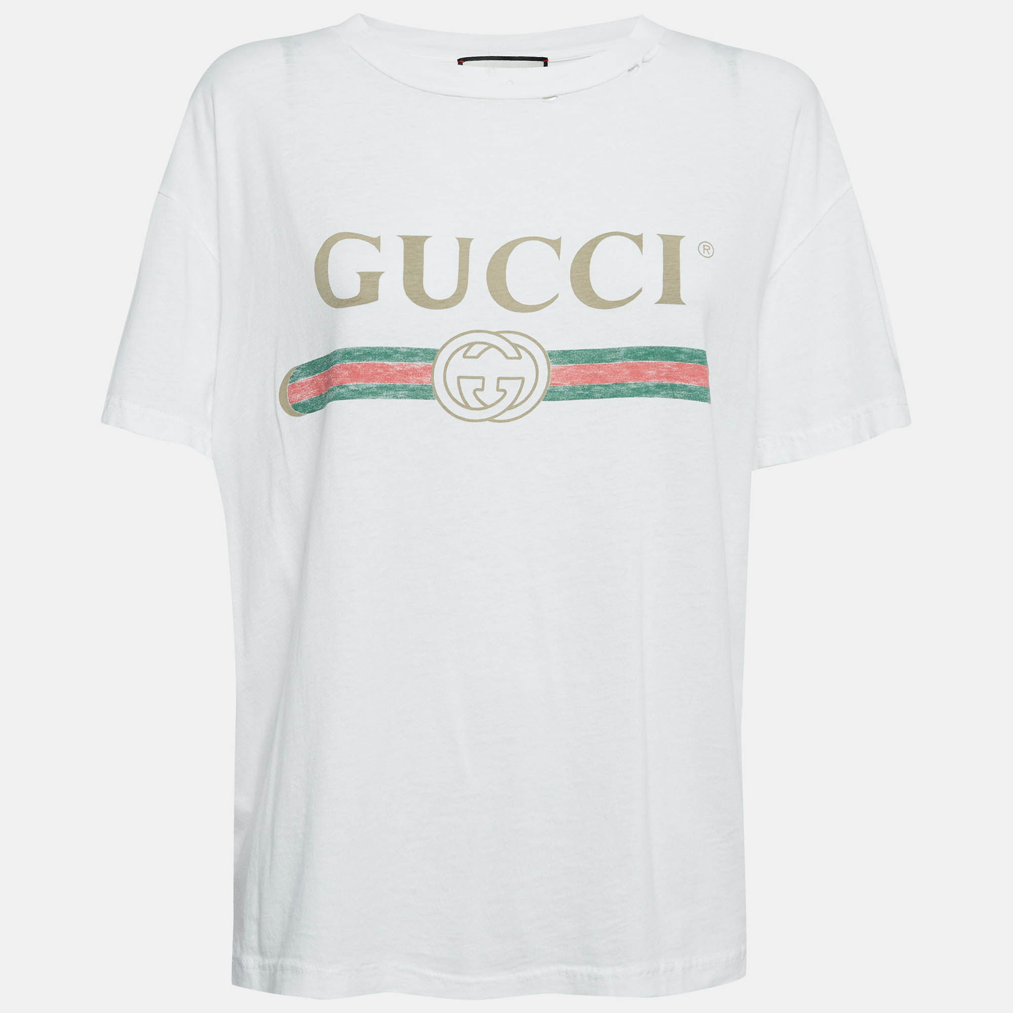 مملوكة مسبقًا Gucci White Logo Print Distressed Cotton T-Shirt S 