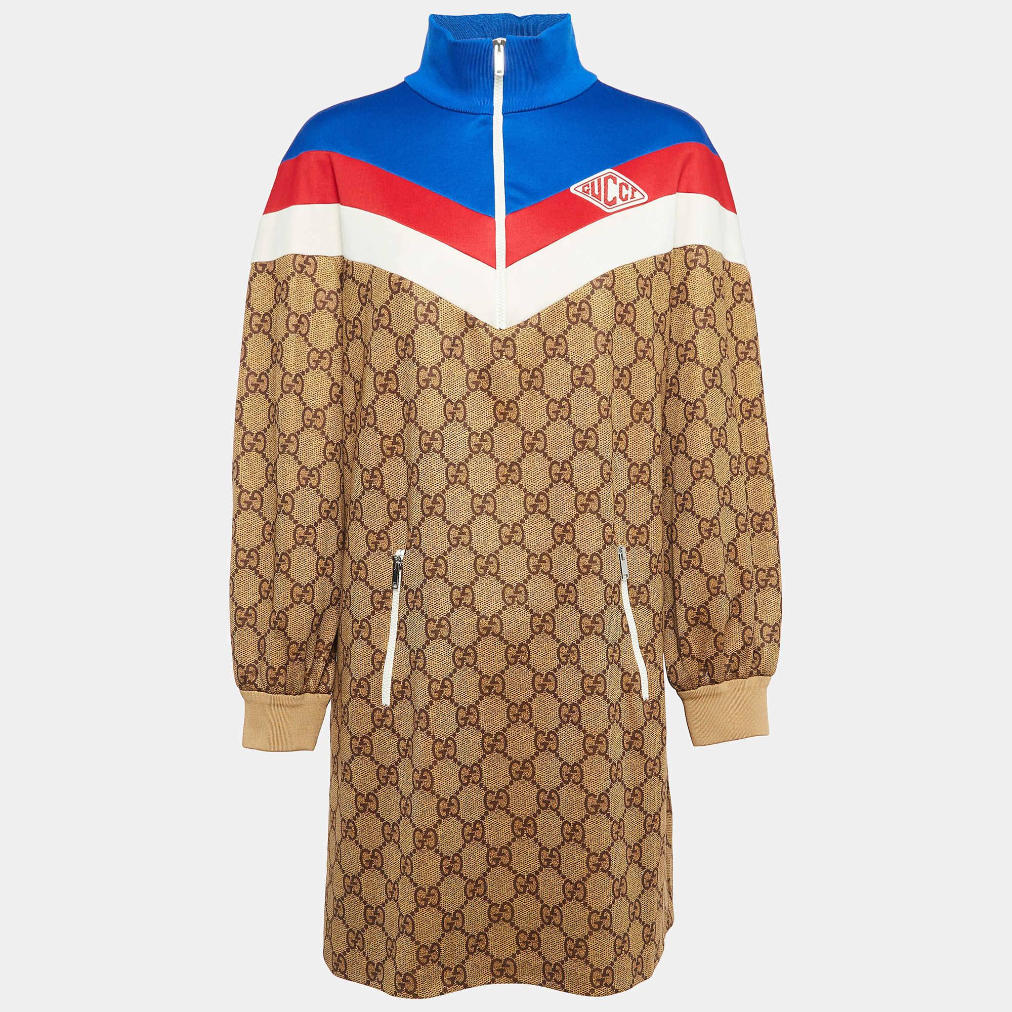 Pre Owned Gucci Brown Monogram Print Jersey Color Block Oversized T-Shirt XXL