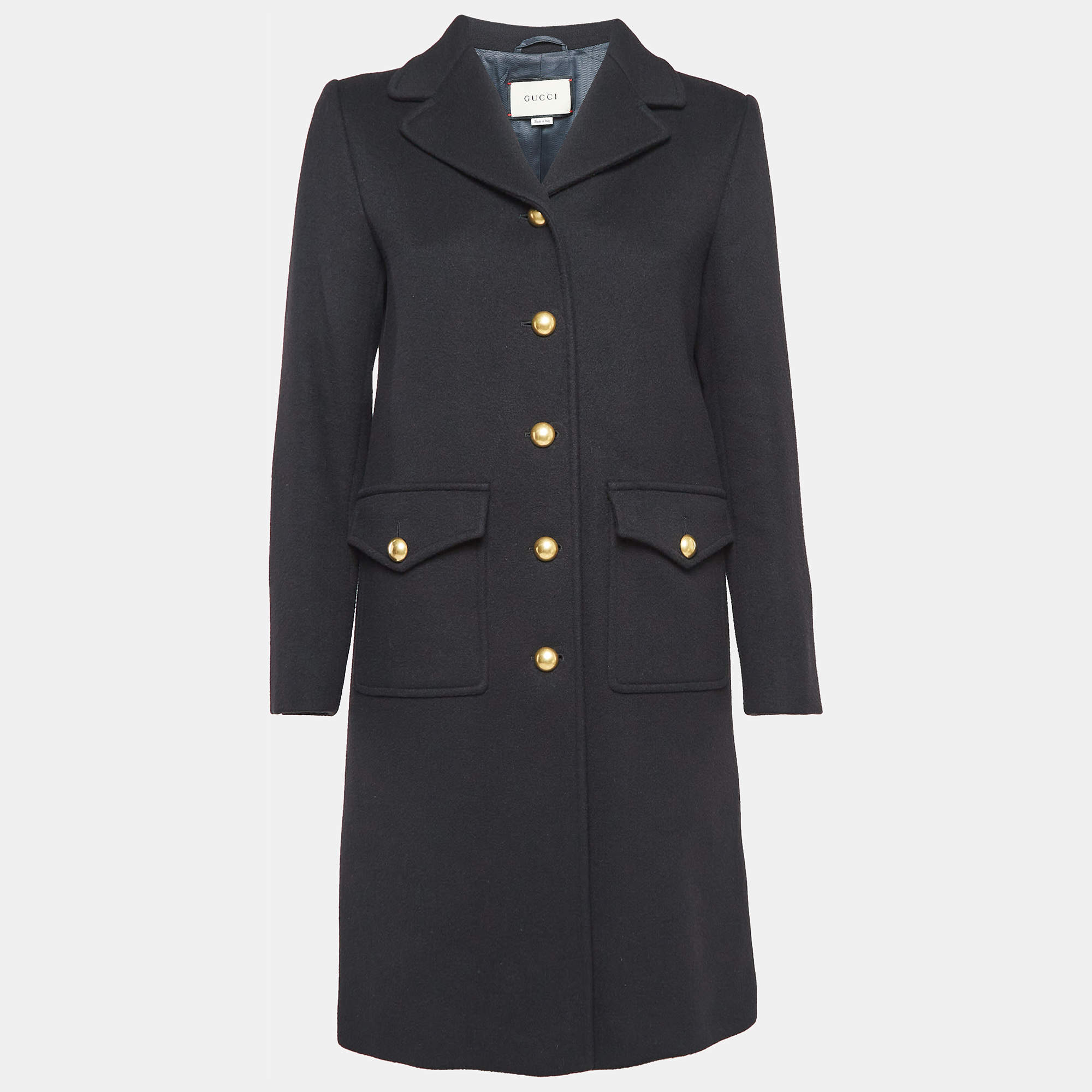 Gucci Black Wool GG Metal Detail Mid Length Coat M