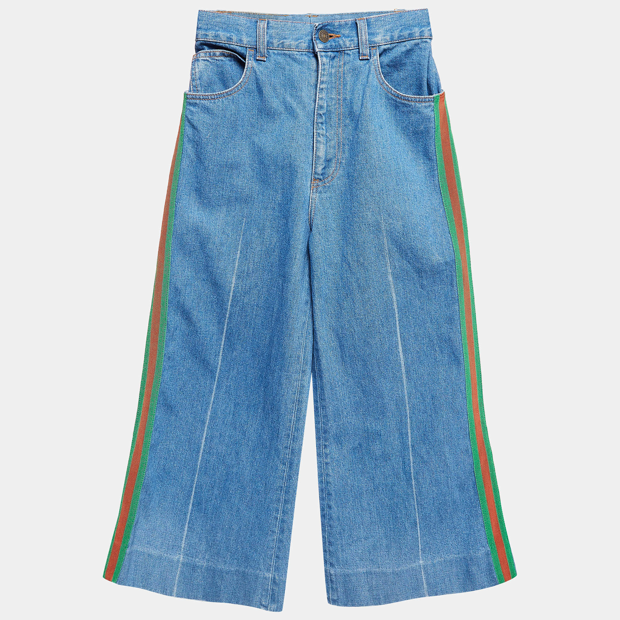 Gucci Navy Blue Denim Side Tape Detail Wide-Leg Jeans S