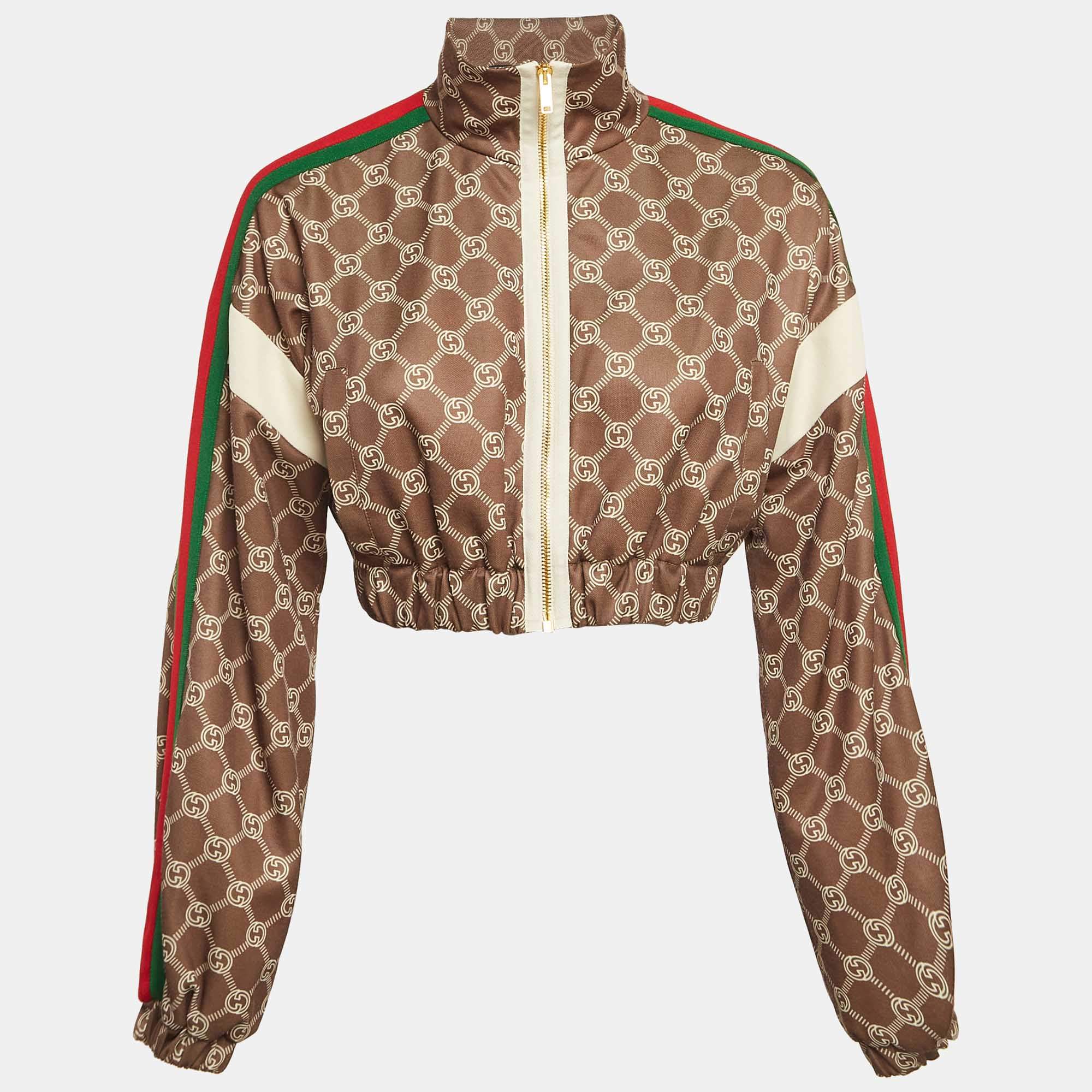 Pre Owned Gucci Olive Green GG Interlocking Print Jersey Cropped Jacket S