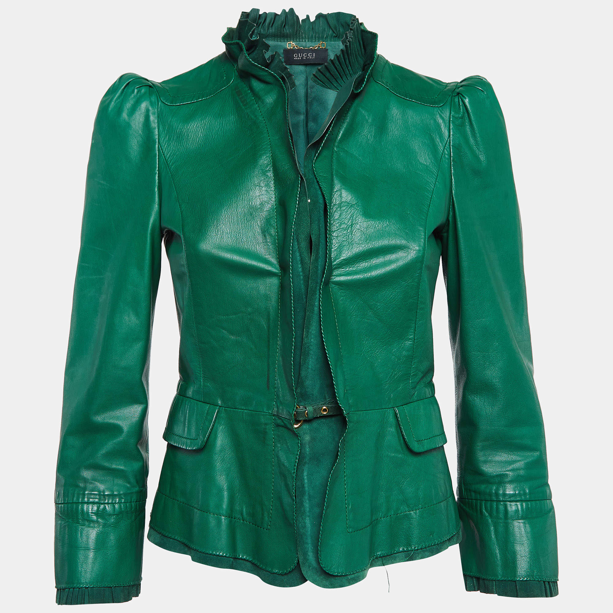 Pre Owned Gucci Green Leather Pleated Crop Leather Jacket M