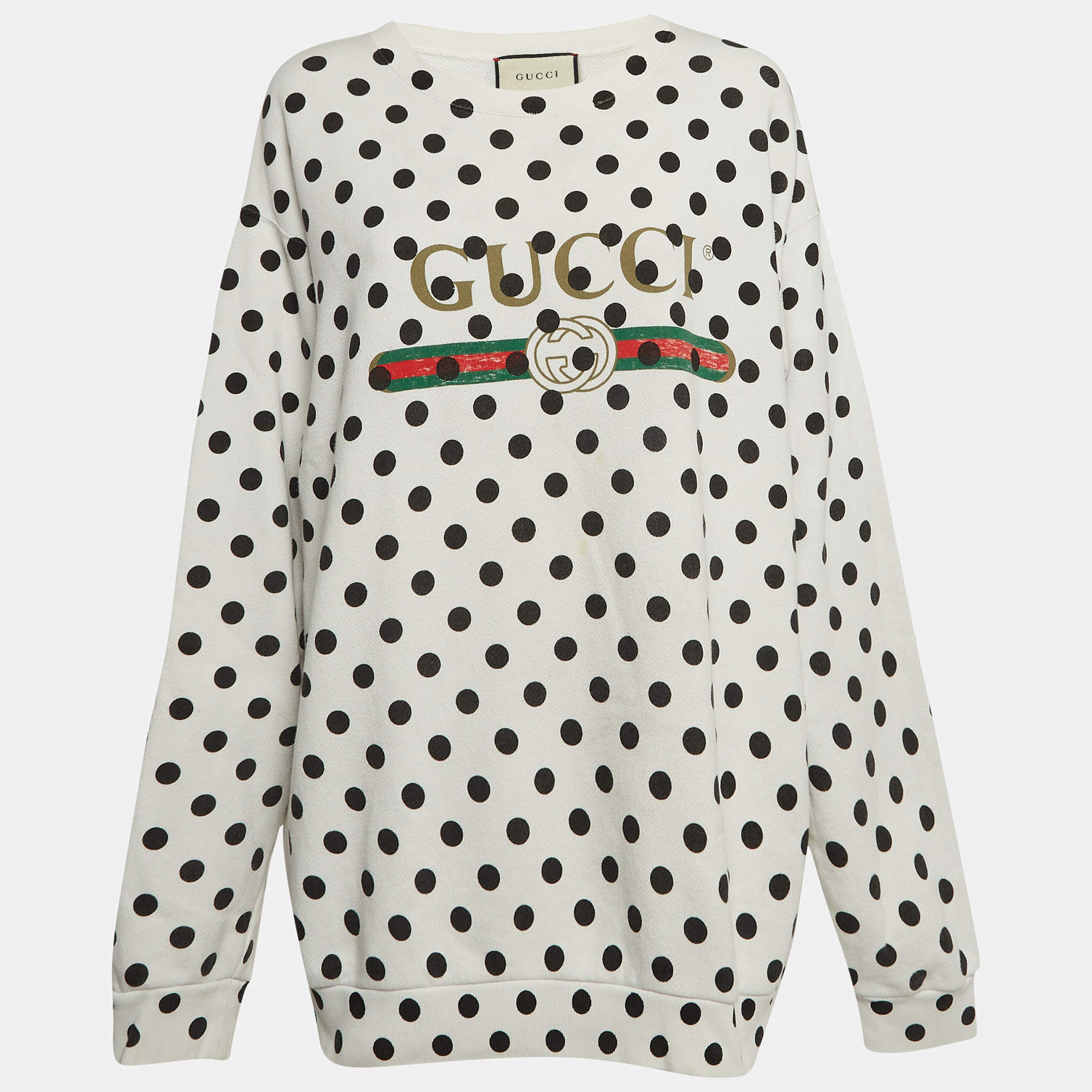 Pre Owned Gucci White Polka Dot and Logo Print Cotton Crew Neck Sweatshirt L