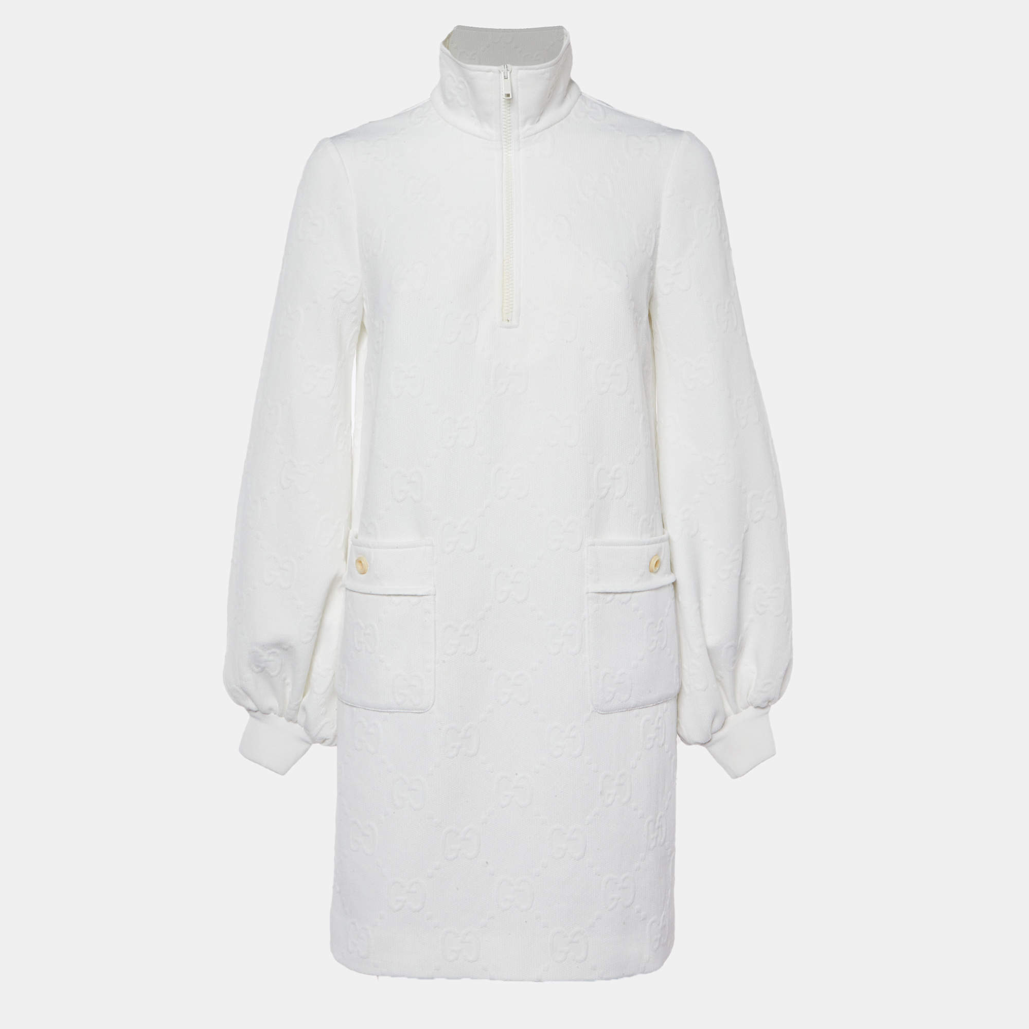 Pre Owned Gucci White GG Jacquard Knit Mock Neck Mini Dress XS