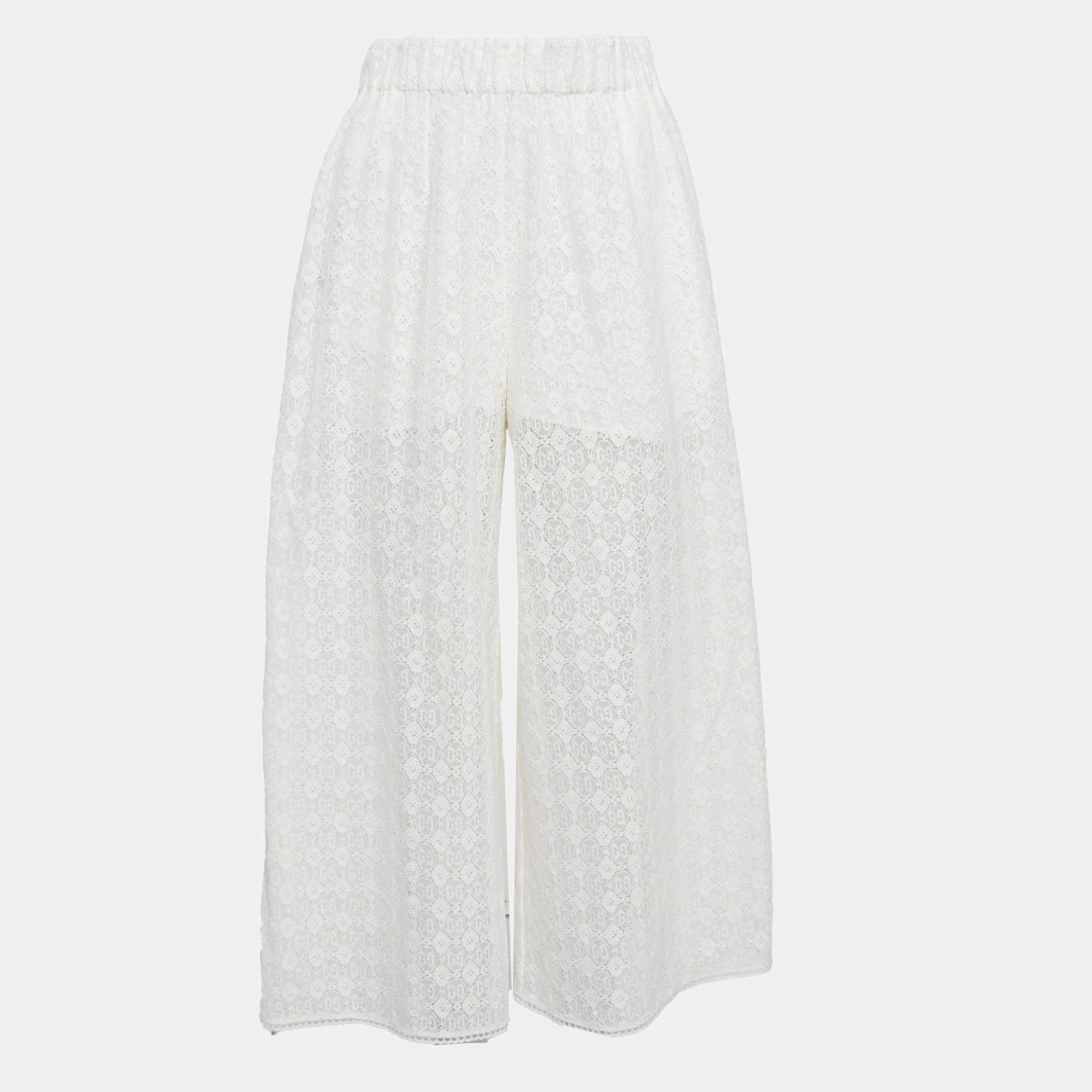 Pre Owned Gucci GG Floral Lace Wide Leg Trousers S