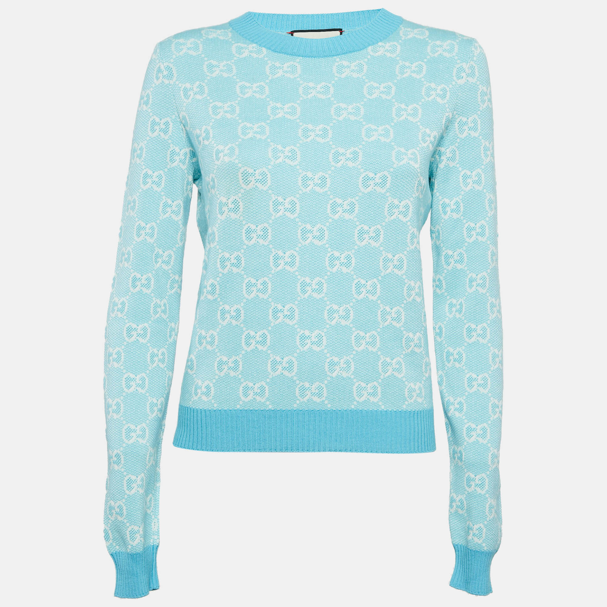 Pre Owned Gucci Blue Zima Jacquard Wool Blend Sweater S