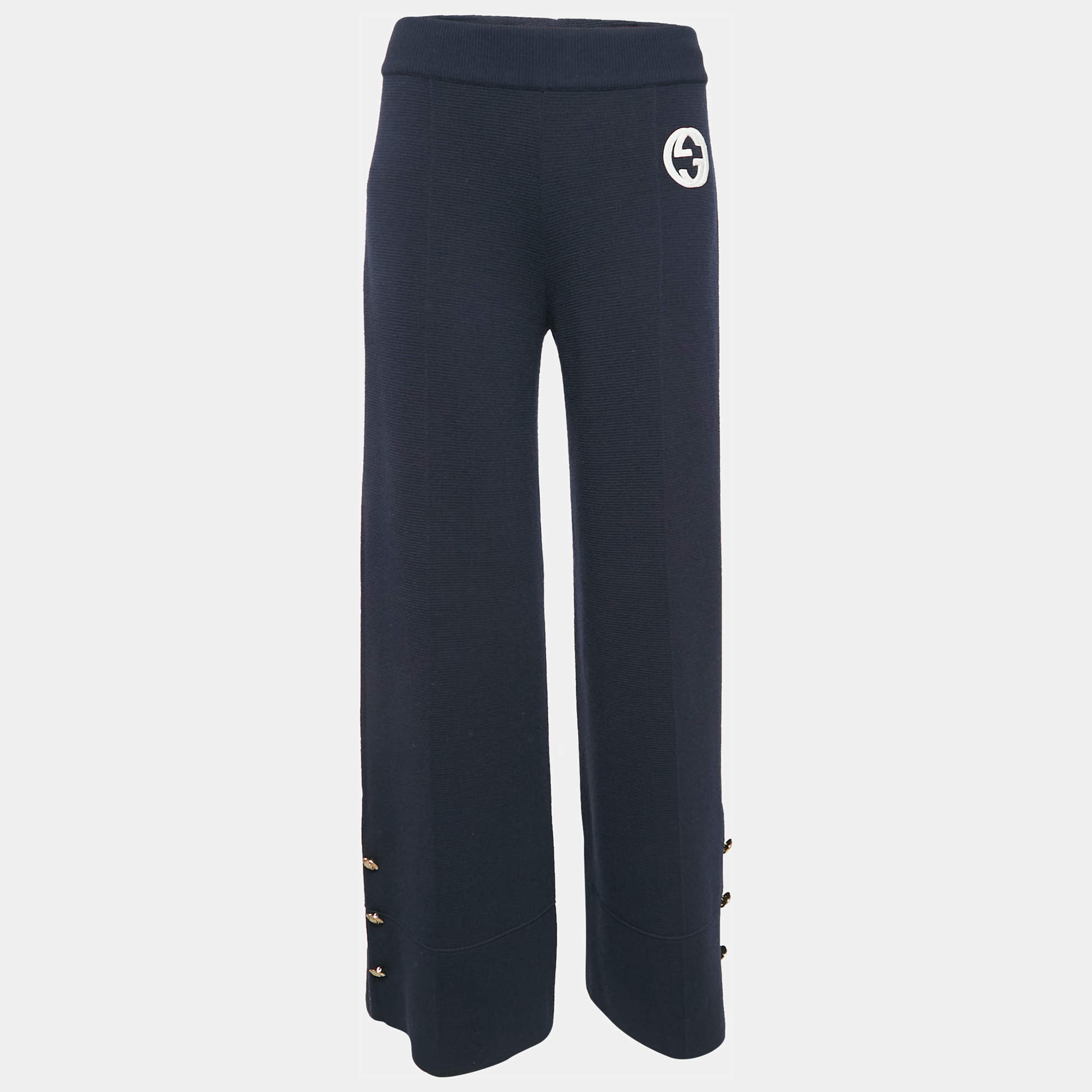 Pre Owned Gucci Navy Blue Textured Stretch Knit Wide Leg Trousers M