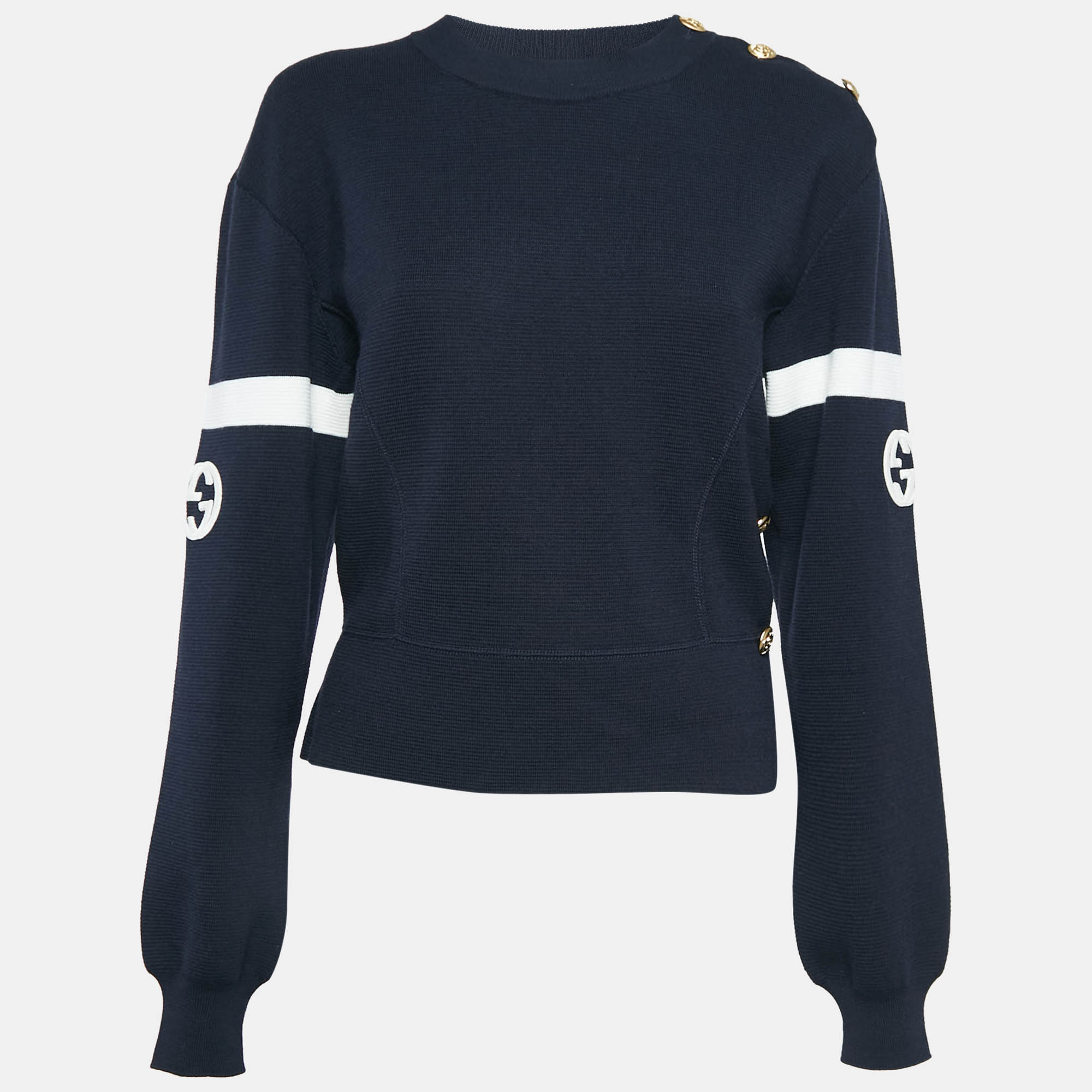 Pre Owned Gucci Navy Blue GG Interlock Waffle Knit Sweatshirt M