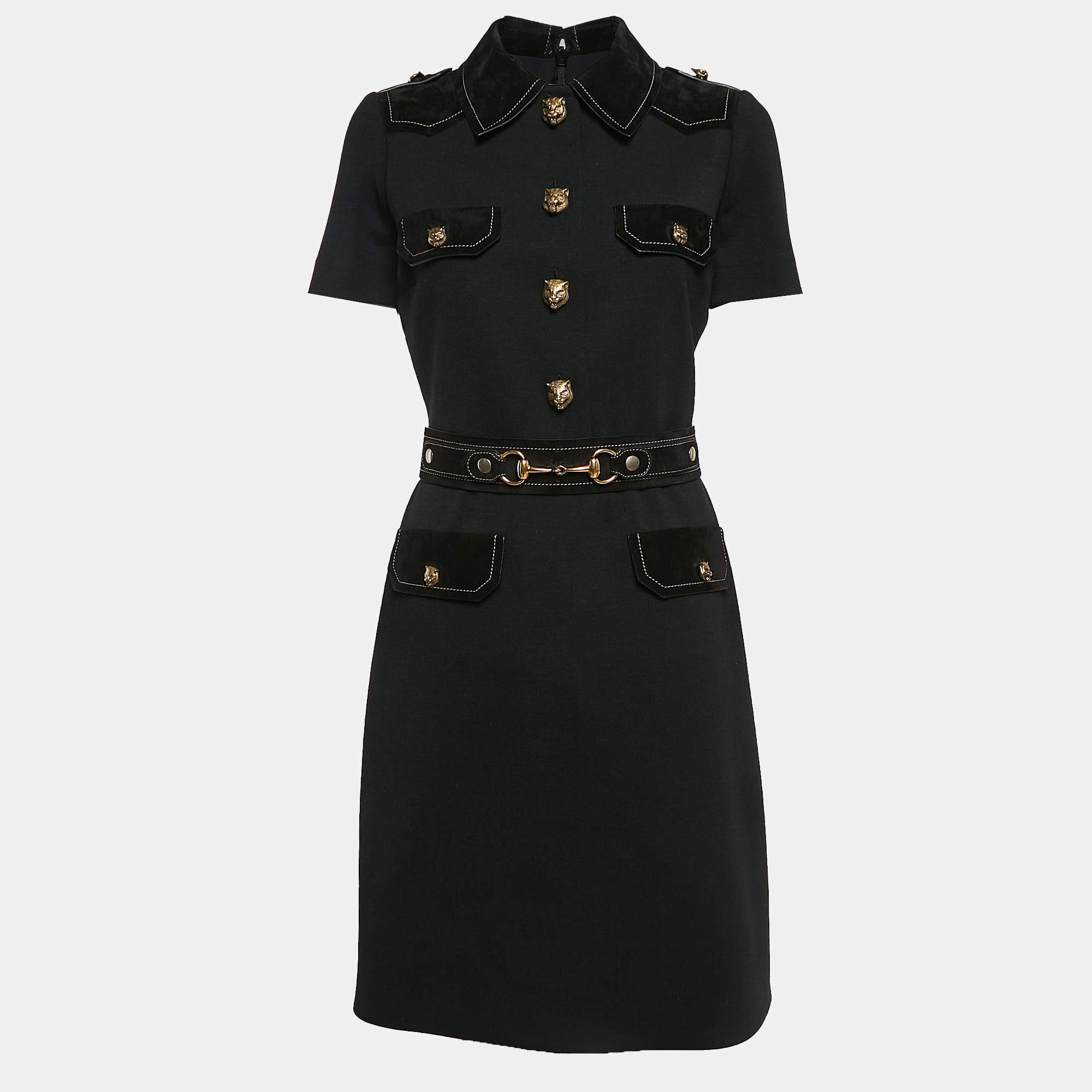 Gucci Black Embellished Closure Wool and Suede Belted Short Dress M