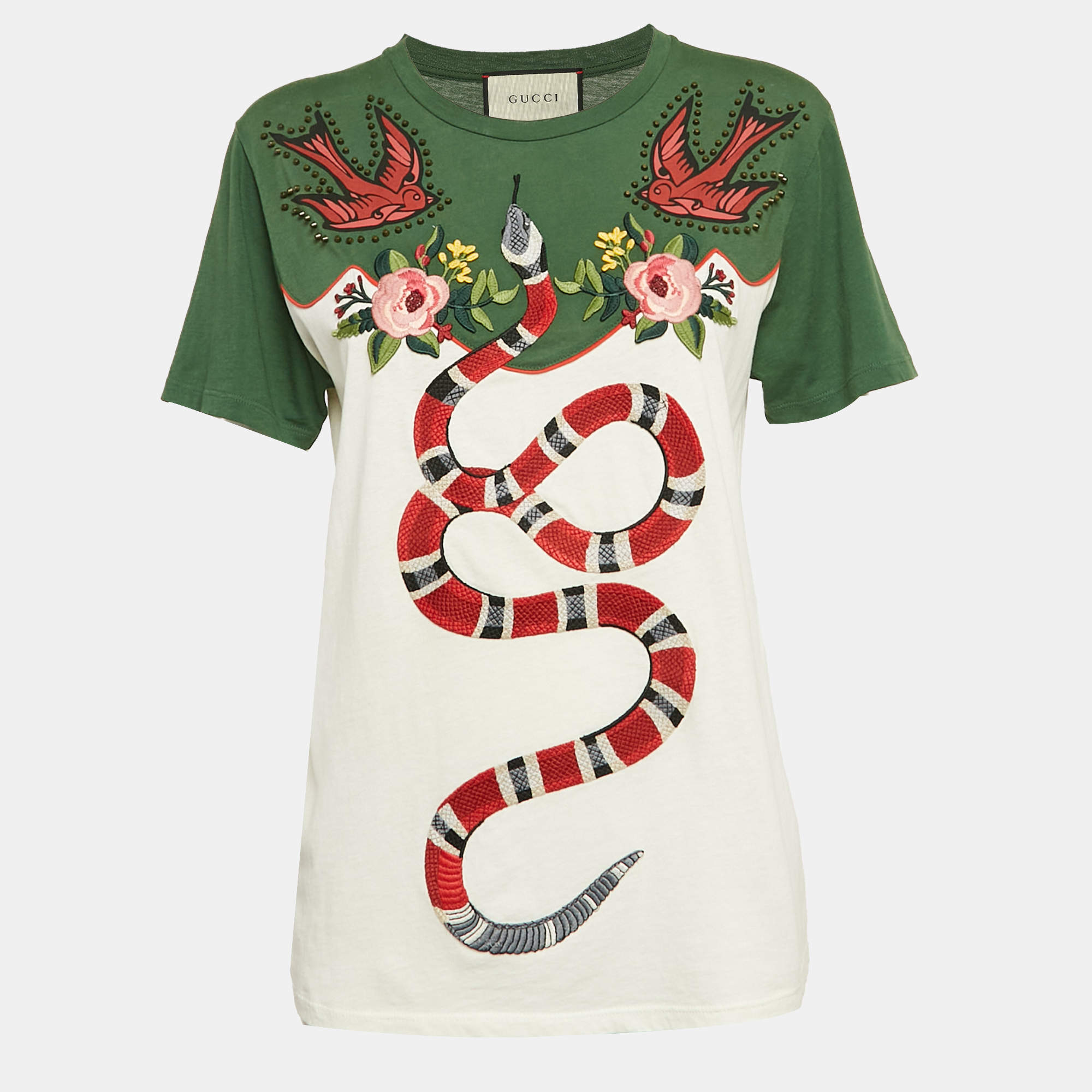 Pre Owned Gucci Cream/Green Applique Jersey Cotton T-Shirt S