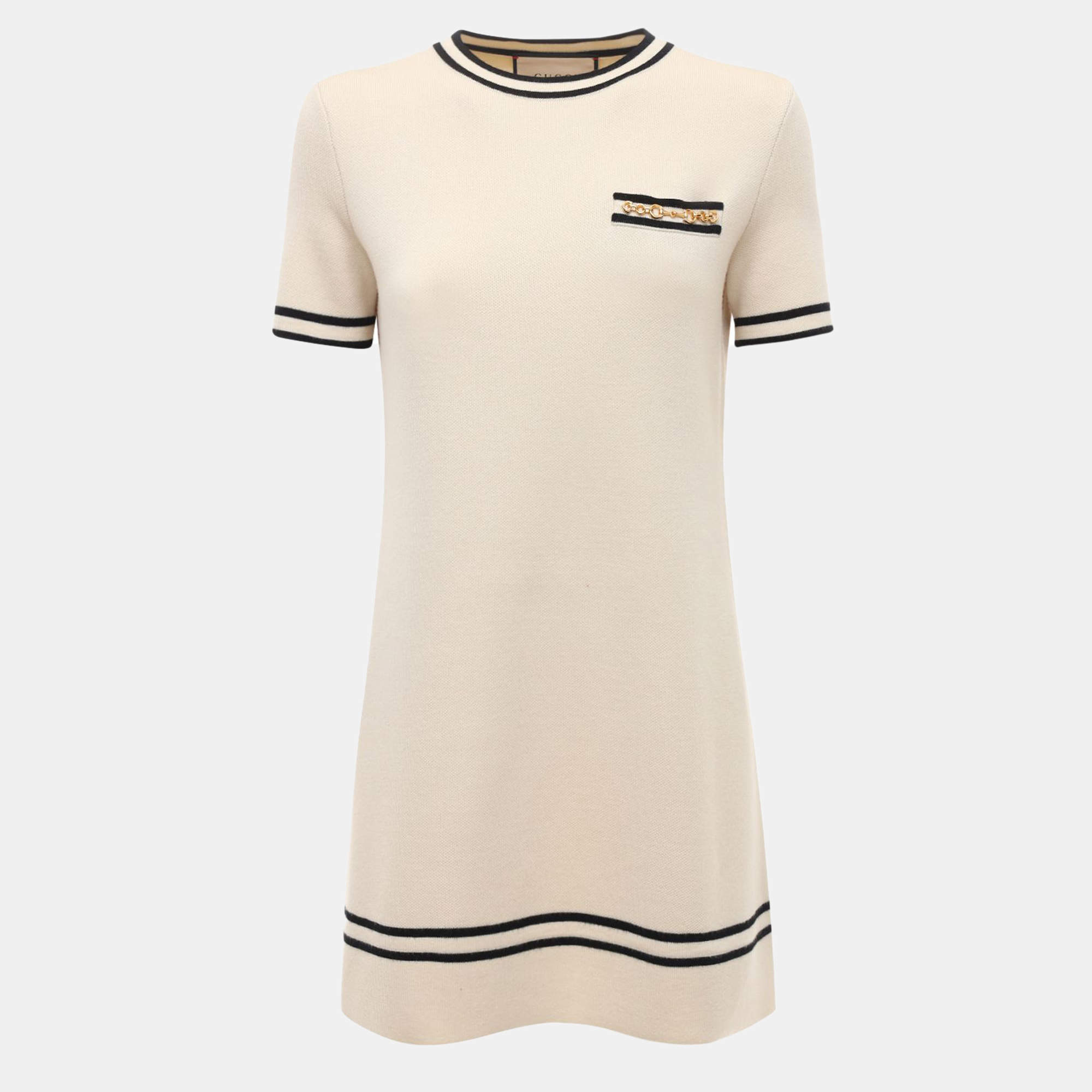 Gucci Cream Contrast Trim Wool Knit Horsebit Chain Detail Dress XL