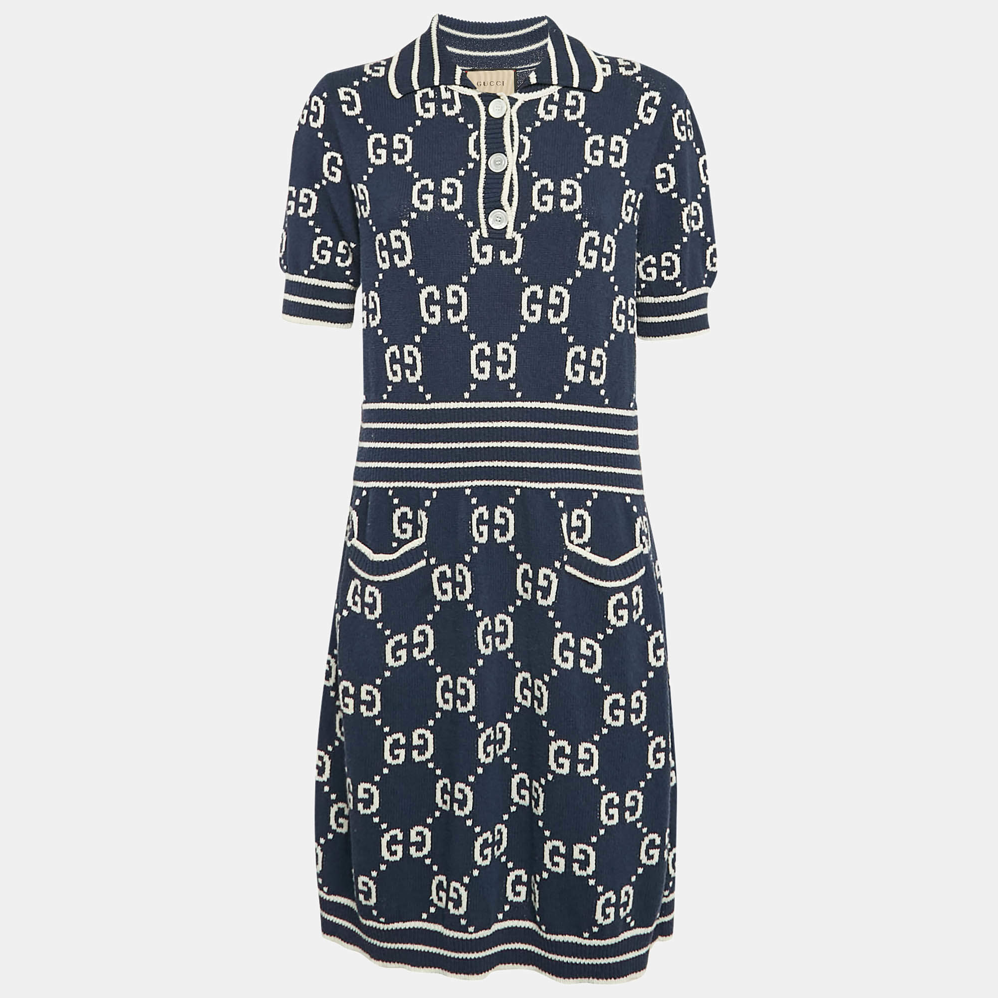 Gucci Blue Zima Jacquard Cotton Blend Knit Mini Dress L